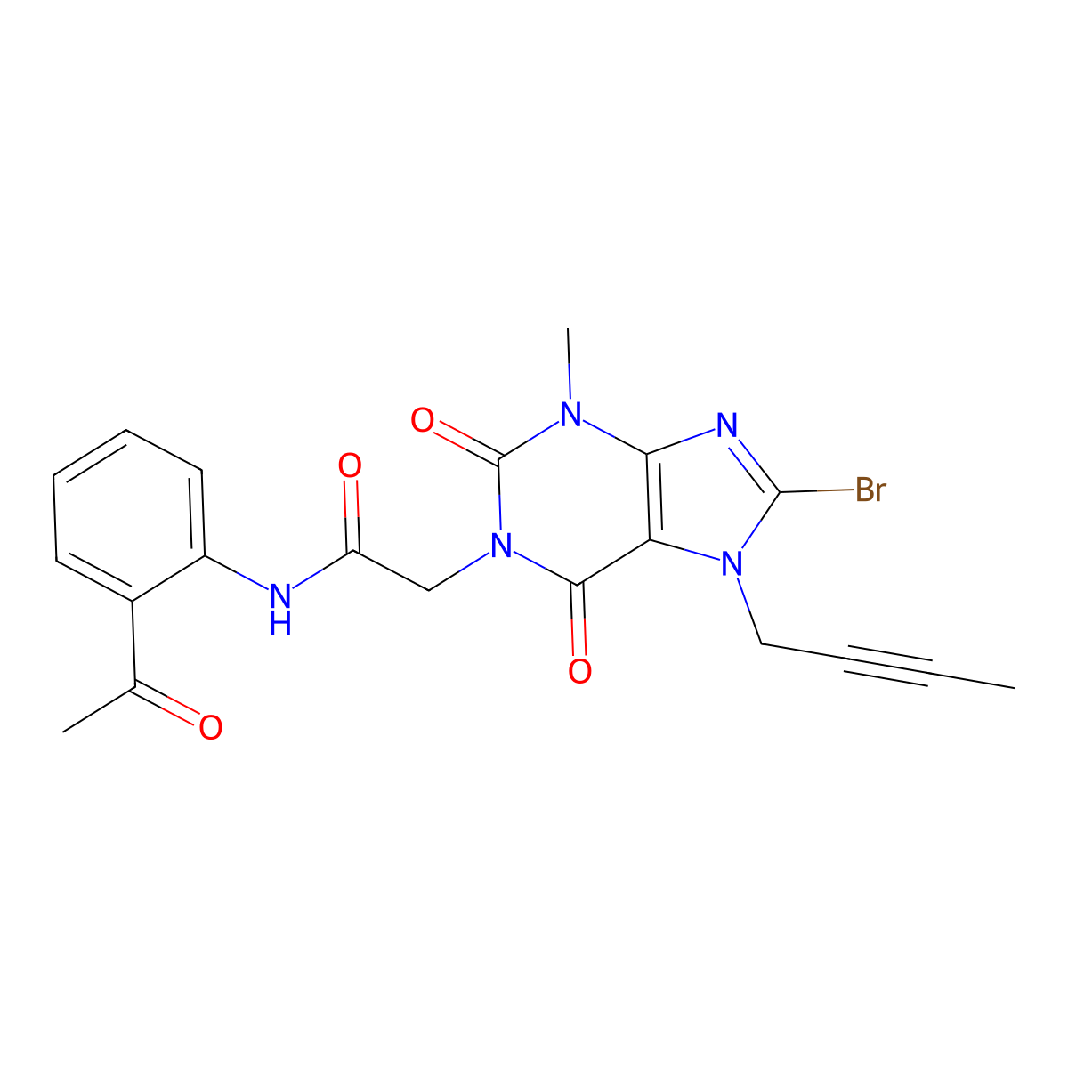 N-(2-Acetylphenyl)-2-(8-bromo-7-(but-2-yn-1-yl)-3-methyl-2,6-dioxo-2,3,6,7-tetrahydro-1H-purin-1-yl)acetamide (Linagliptin Impurity) molecular structure, CAS 2279114-31-5