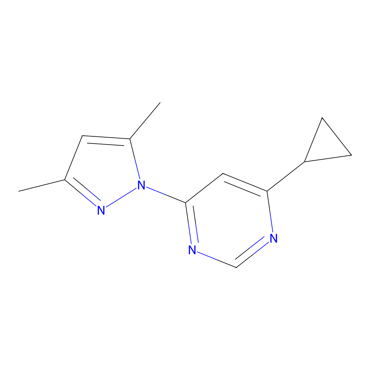 4-cyclopropyl-6-(3,5-dimethyl-1H-pyrazol-1-yl)pyrimidine molecular structure, CAS 2279861-62-8