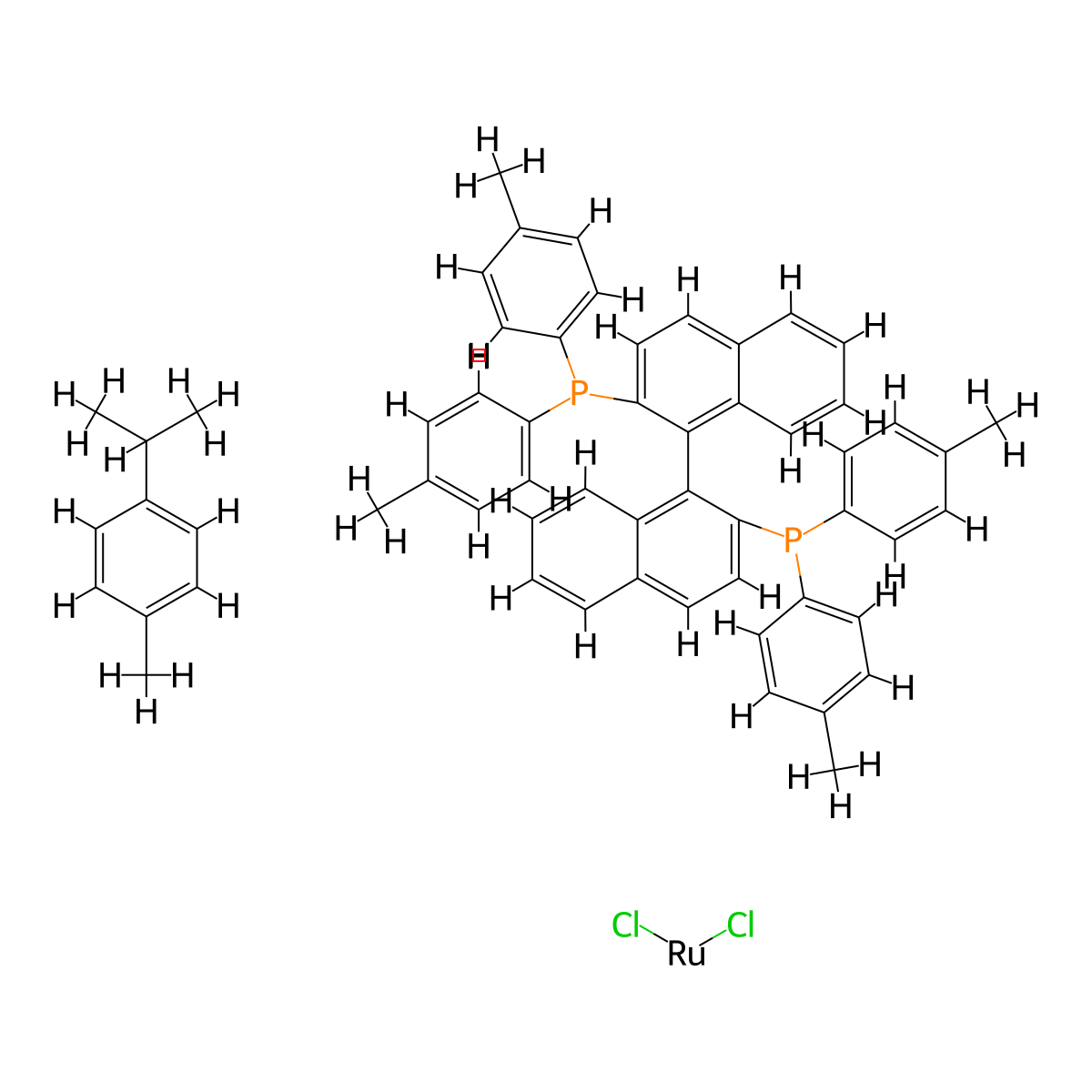 Chloro((S)-(-)-2,2'-bis(di-p-tolylphosphino)-1,1'-binaphthyl)(p-cymene)ruthenium(II) chloride (RuCl(p-cymene)((S)-tolbinap))Cl molecular structure, CAS 228120-95-4
