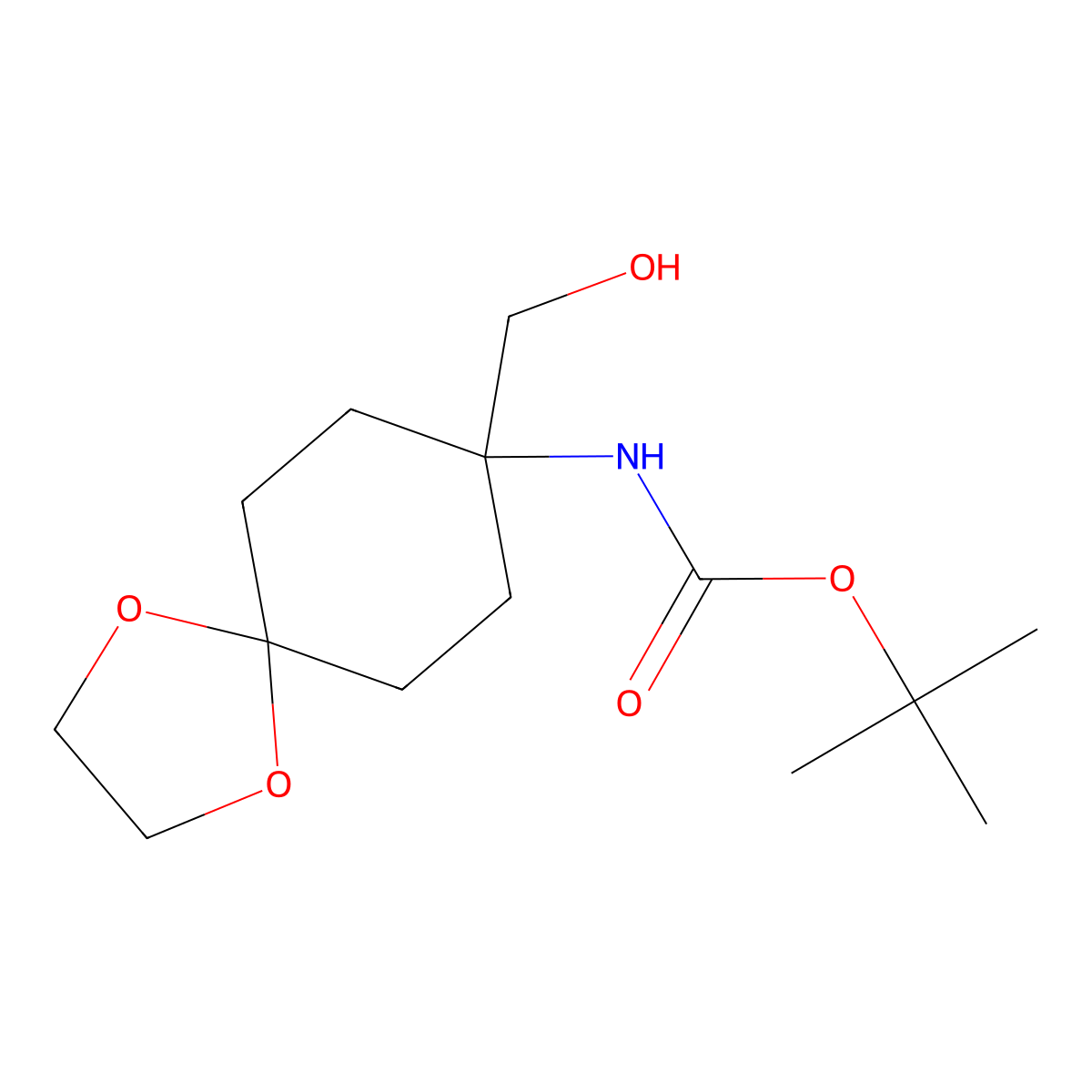 tert-Butyl (8-(hydroxymethyl)-1,4-dioxaspiro[4.5]decan-8-yl)carbamate molecular structure, CAS 2281425-31-6
