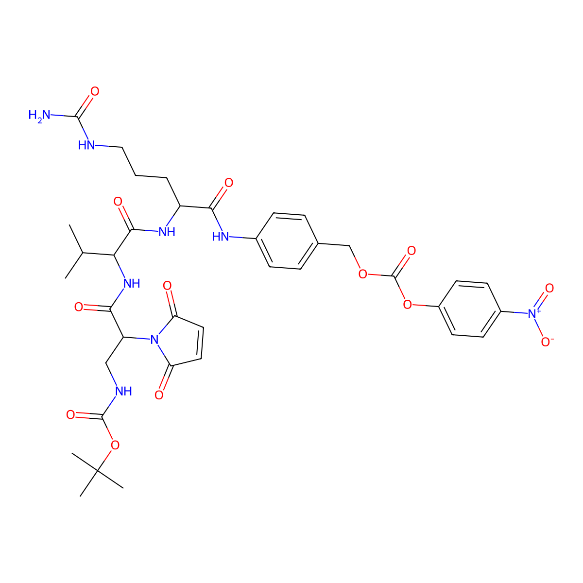 [4-[[(2S)-5-(Carbamoylamino)-2-[[(2S)-2-[[(2S)-2-(2,5-dioxopyrrol-1-yl)-3-[(2-methylpropan-2-yl)oxycarbonylamino]propanoyl]amino]-3-methylbutanoyl]amino]pentanoyl]amino]phenyl]methyl (4-nitrophenyl) carbonate molecular structure, CAS 2281797-57-5