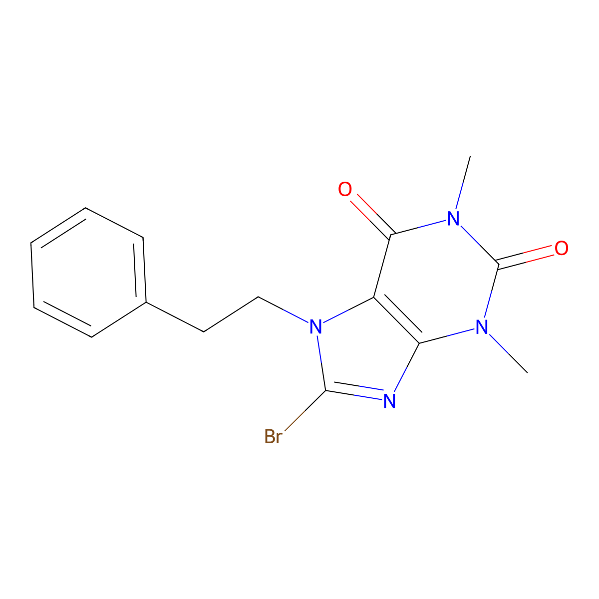 8-Bromo-1,3-dimethyl-7-(2-phenylethyl)-3,7-dihydro-1H-purine-2,6-dione molecular structure, CAS 228247-60-7