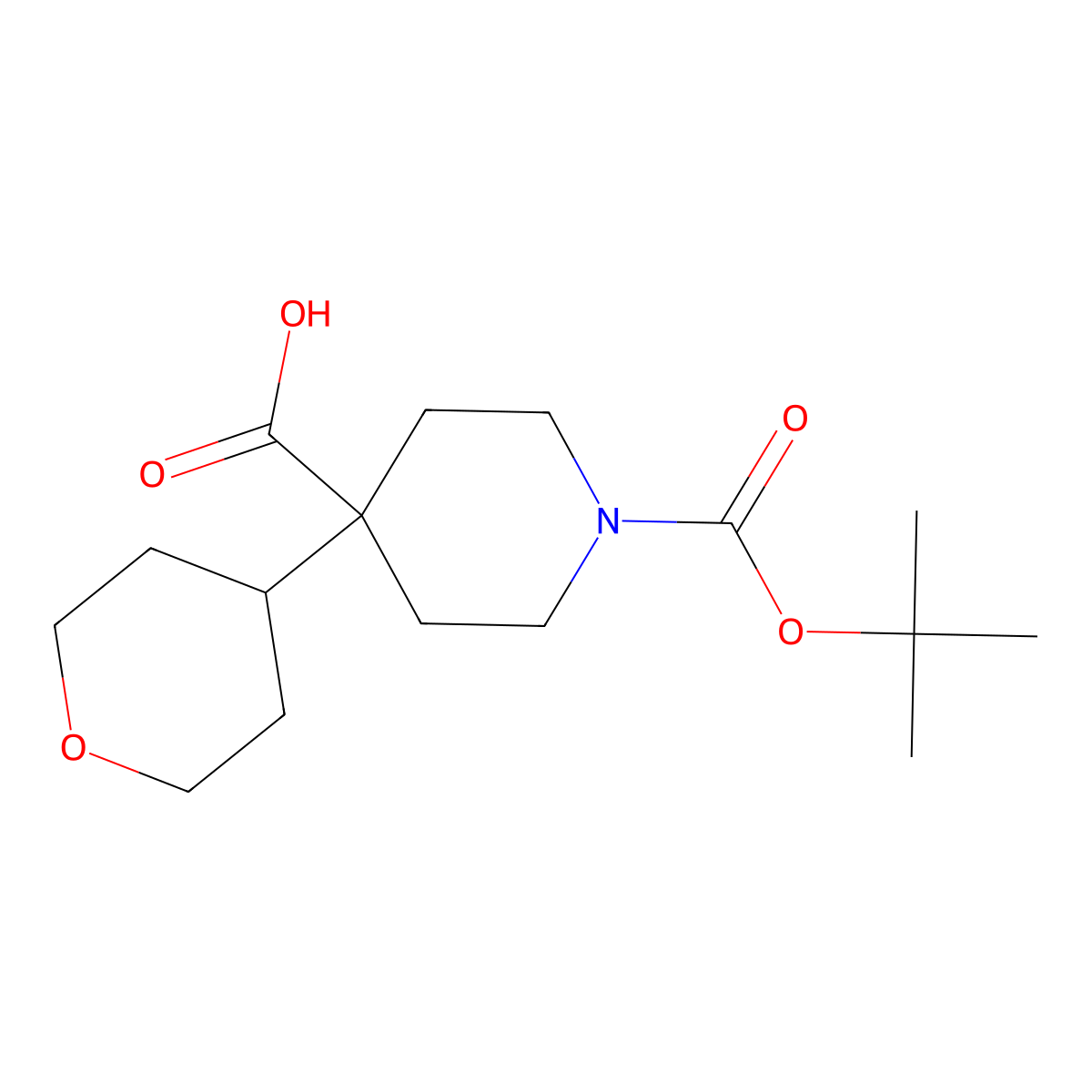 1-[(2-Methylpropan-2-yl)oxycarbonyl]-4-(oxan-4-yl)piperidine-4-carboxylic acid molecular structure, CAS 2282638-49-5
