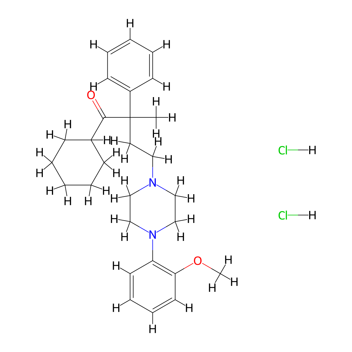 1-Cyclohexyl-4-[4-(2-methoxy-phenyl)-piperazin-1-YL]-2-phenyl-butan-1-one dihydrochloride molecular structure, CAS 228418-81-3