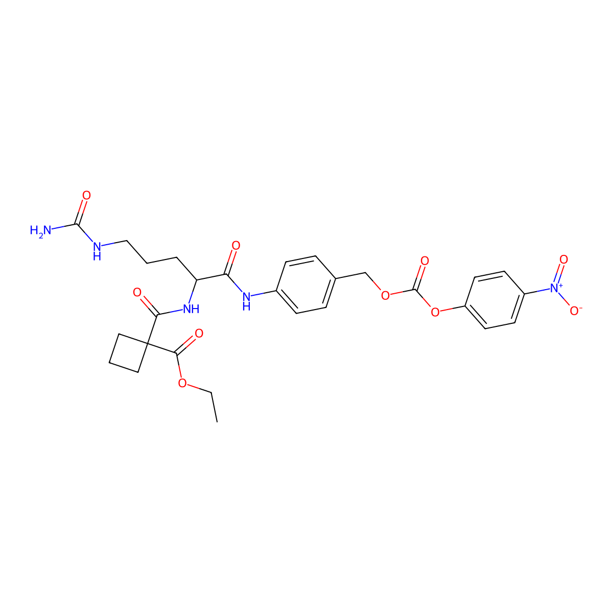 Ethyl (S)-1-((1-((4-((((4-nitrophenoxy)carbonyl)oxy)methyl)phenyl)amino)-1-oxo-5-ureidopentan-2-yl)carbamoyl)cyclobutane-1-carboxylate molecular structure, CAS 2285373-84-2