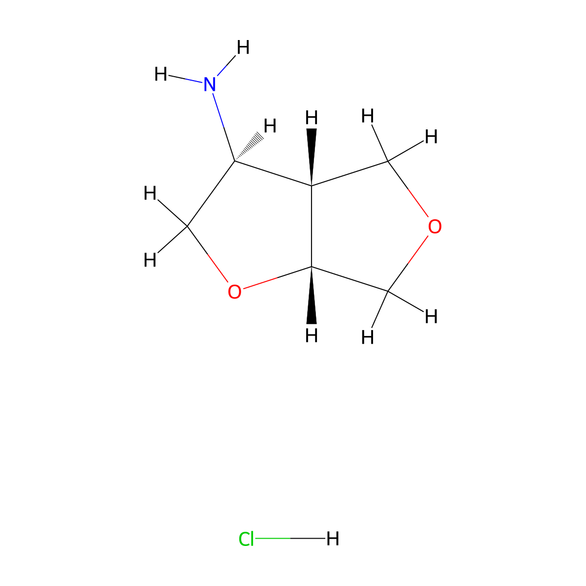 rac-(3R,3aS,6aS)-hexahydrofuro[2,3-c]furan-3-amine hydrochloride molecular structure, CAS 2287236-65-9