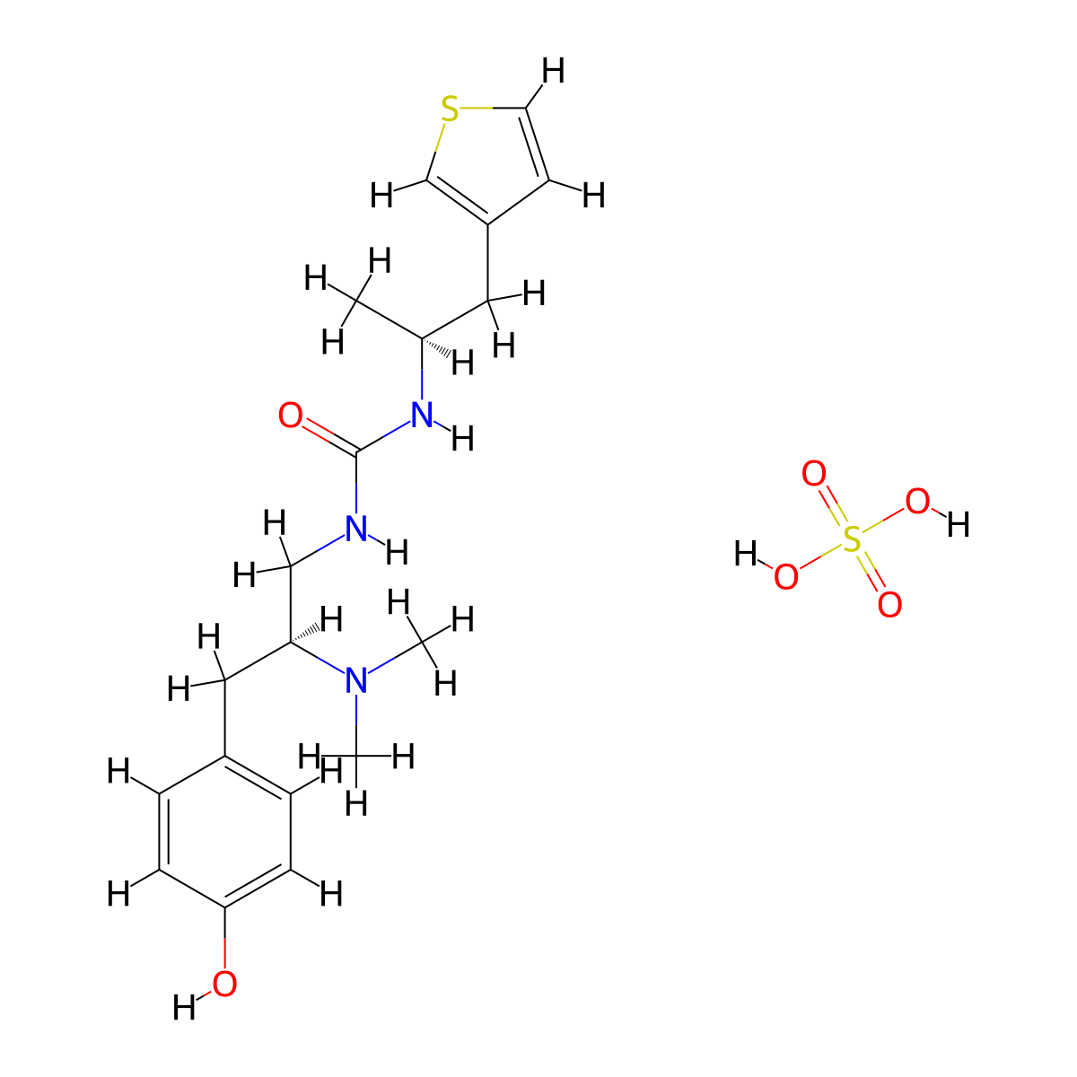 1-[(2S)-2-(dimethylamino)-3-(4-hydroxyphenyl)propyl]-3-[(2S)-1-(thiophen-3-yl)propan-2-yl]urea,sulfuricacid molecular structure, CAS 2287246-62-0