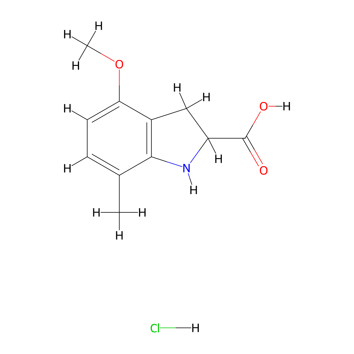 4-methoxy-7-methyl-2,3-dihydro-1H-indole-2-carboxylic acid hydrochloride molecular structure, CAS 2287263-30-1