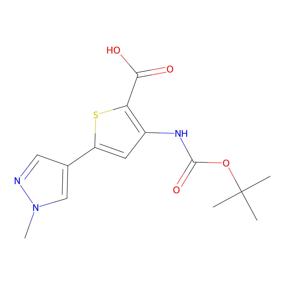 3-{[(tert-butoxy)carbonyl]amino}-5-(1-methyl-1H-pyrazol-4-yl)thiophene-2-carboxylic acid molecular structure, CAS 2287270-54-4
