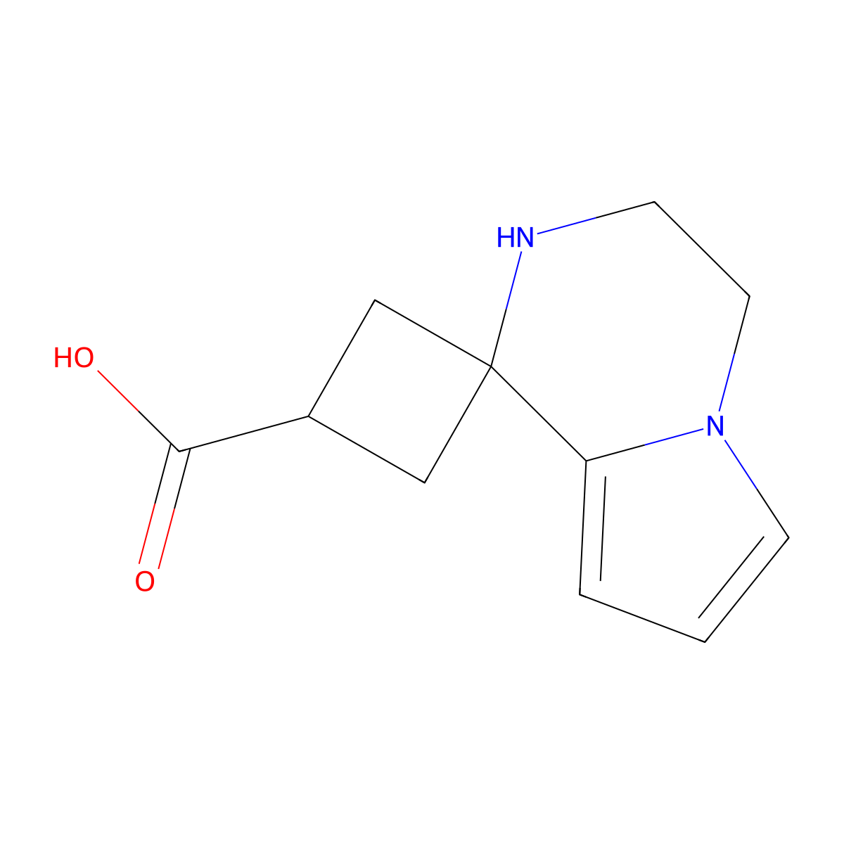 3',4'-dihydro-2'H-spiro[cyclobutane-1,1'-pyrrolo[1,2-a]pyrazine]-3-carboxylic acid molecular structure, CAS 2287270-88-4