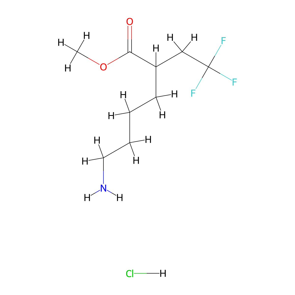 Methyl 6-amino-2-(2,2,2-trifluoroethyl)hexanoate hydrochloride molecular structure, CAS 2287272-40-4