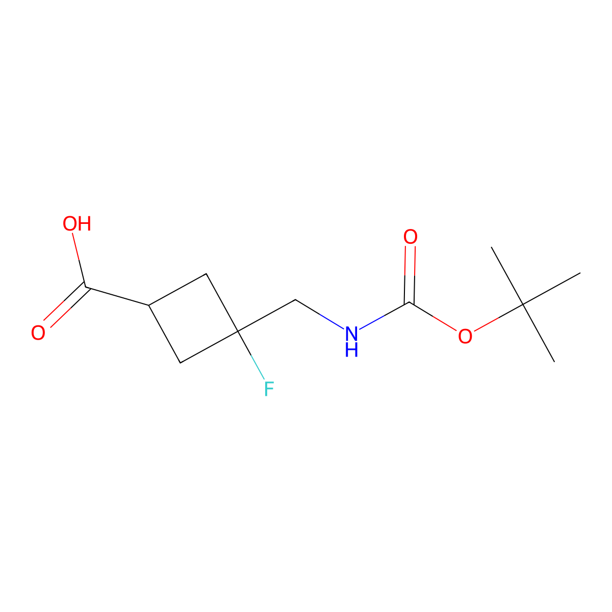 3-((((Tert-butoxy)carbonyl)amino)methyl)-3-fluorocyclobutane-1-carboxylic acid molecular structure, CAS 2287275-26-5