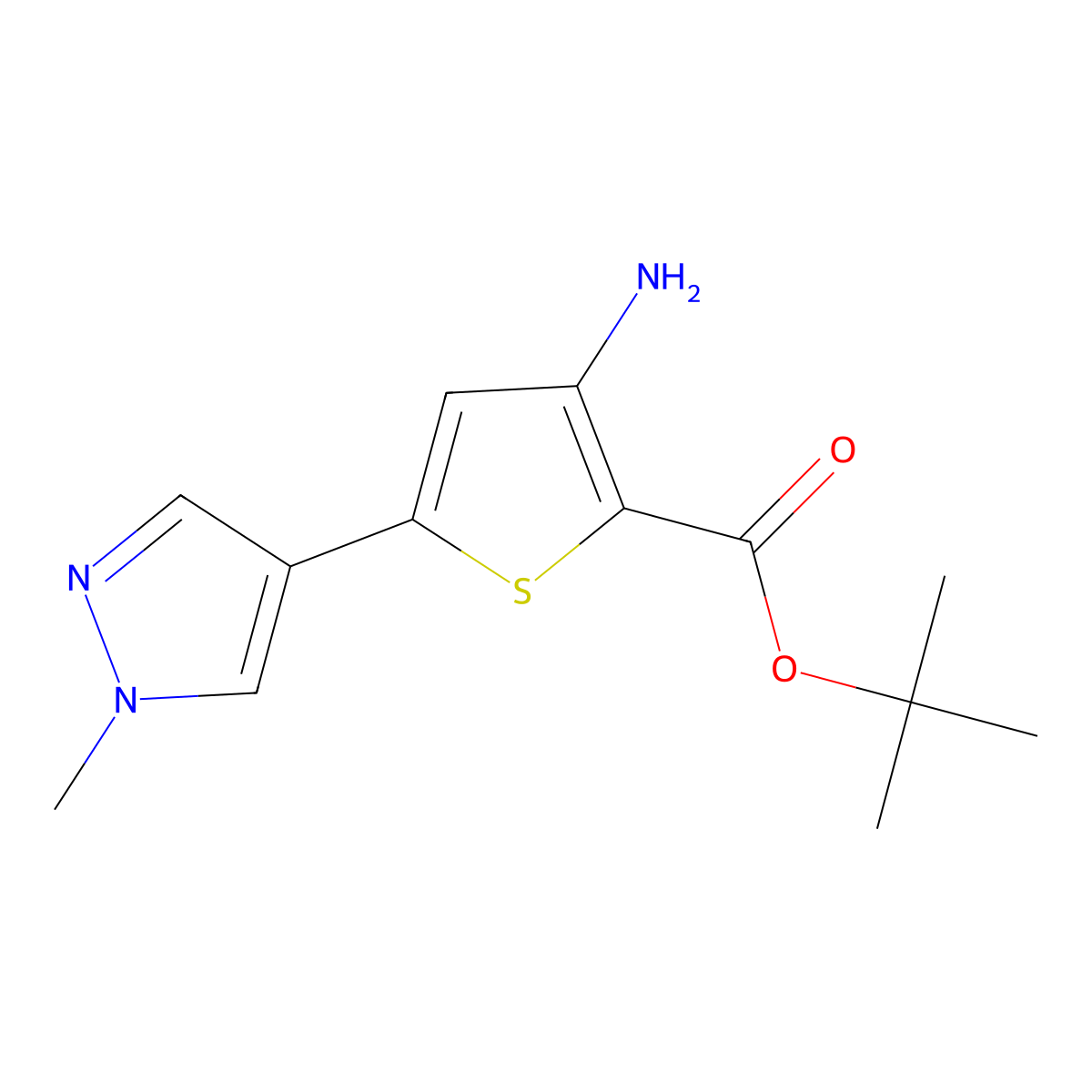 tert-butyl 3-amino-5-(1-methyl-1H-pyrazol-4-yl)thiophene-2-carboxylate molecular structure, CAS 2287279-47-2