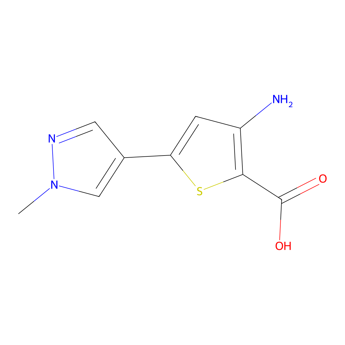 3-amino-5-(1-methyl-1H-pyrazol-4-yl)thiophene-2-carboxylic acid molecular structure, CAS 2287279-75-6