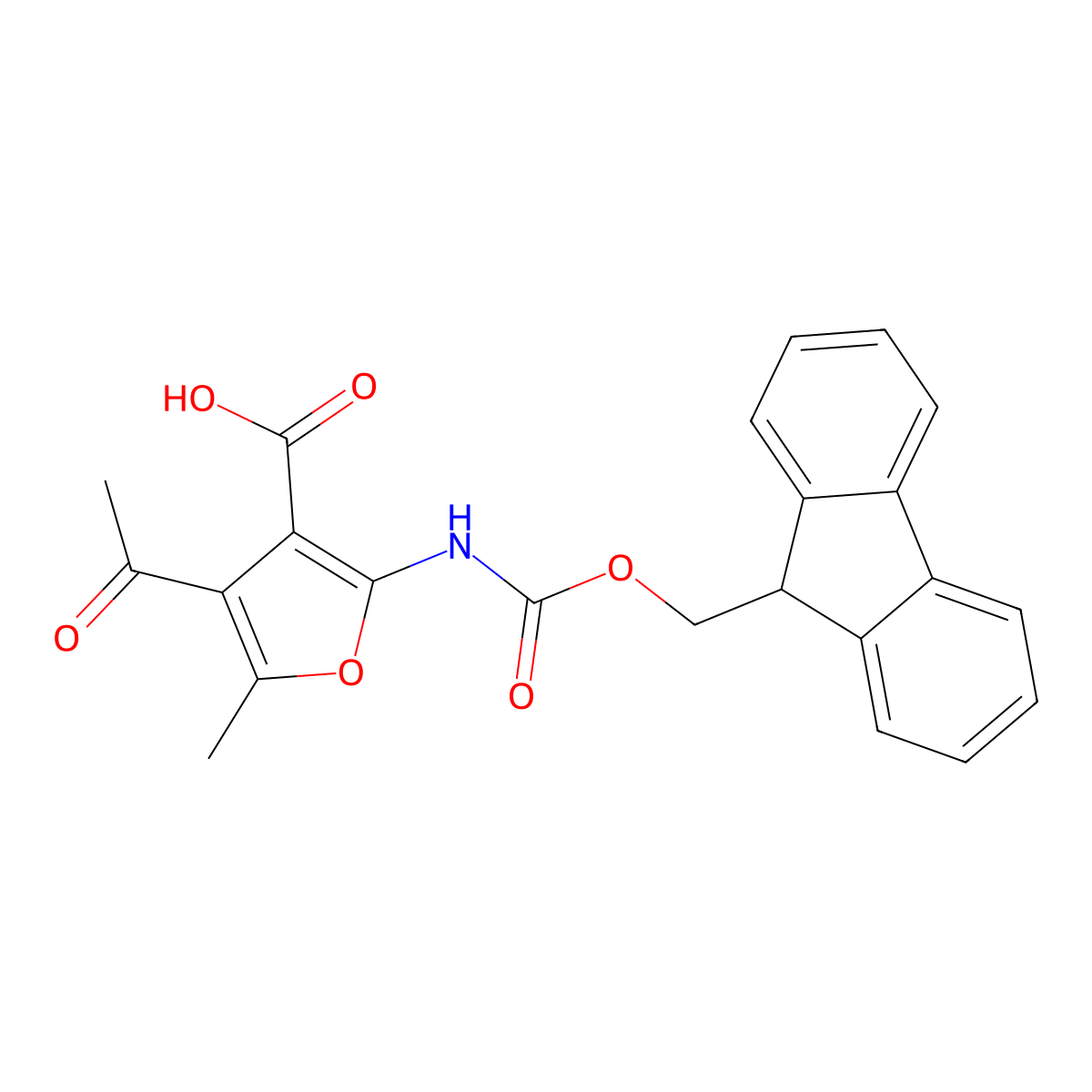 4-acetyl-2-({[(9H-fluoren-9-yl)methoxy]carbonyl}amino)-5-methylfuran-3-carboxylic acid molecular structure, CAS 2287280-28-6