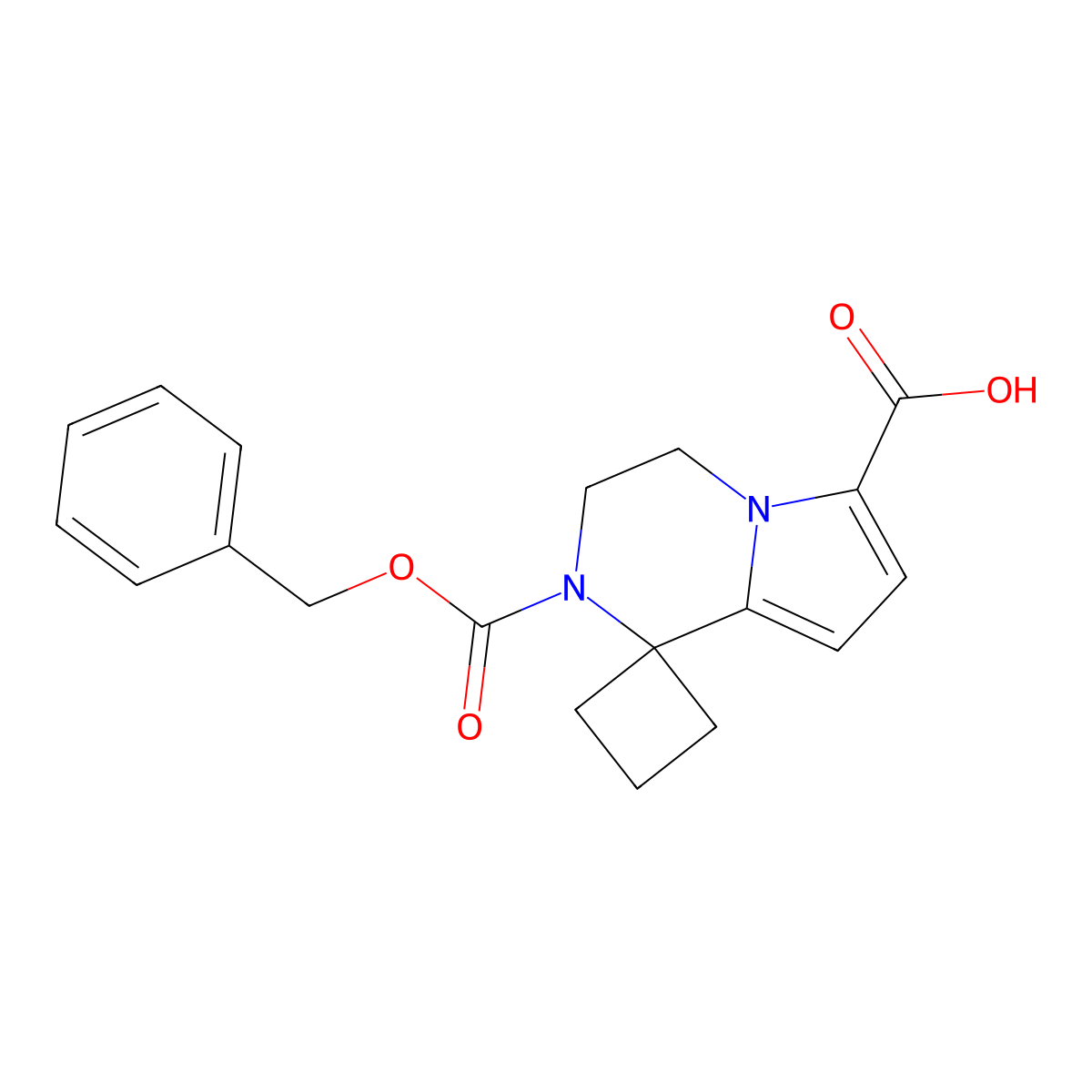 2'-[(benzyloxy)carbonyl]-3',4'-dihydro-2'H-spiro[cyclobutane-1,1'-pyrrolo[1,2-a]pyrazine]-6'-carboxylic acid molecular structure, CAS 2287280-91-3