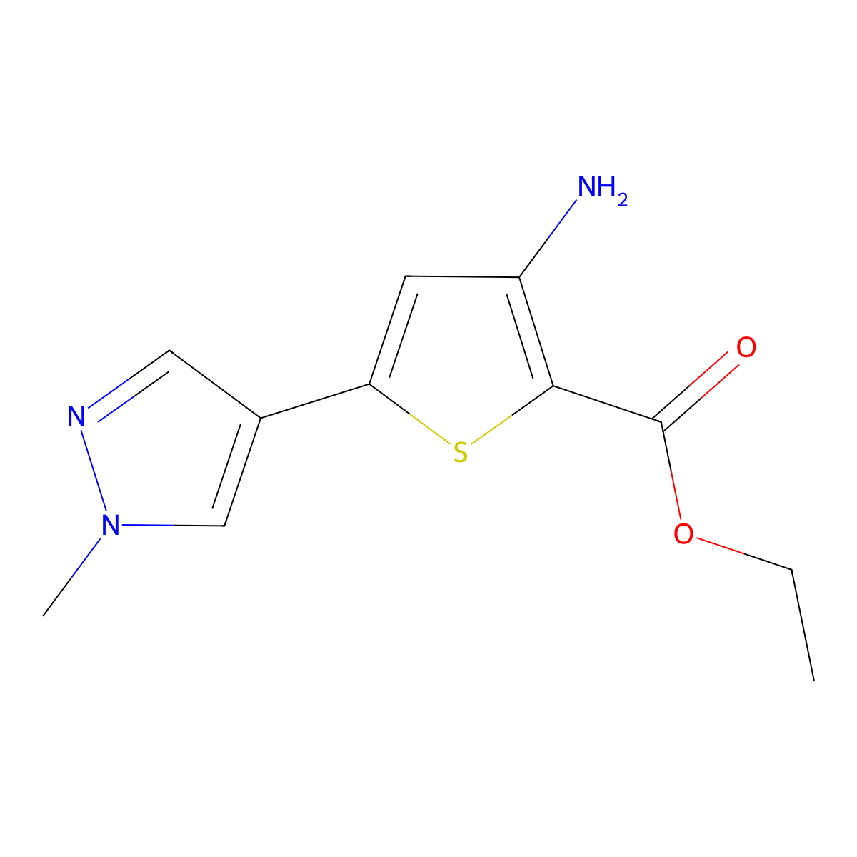 ethyl 3-amino-5-(1-methyl-1H-pyrazol-4-yl)thiophene-2-carboxylate molecular structure, CAS 2287282-36-2
