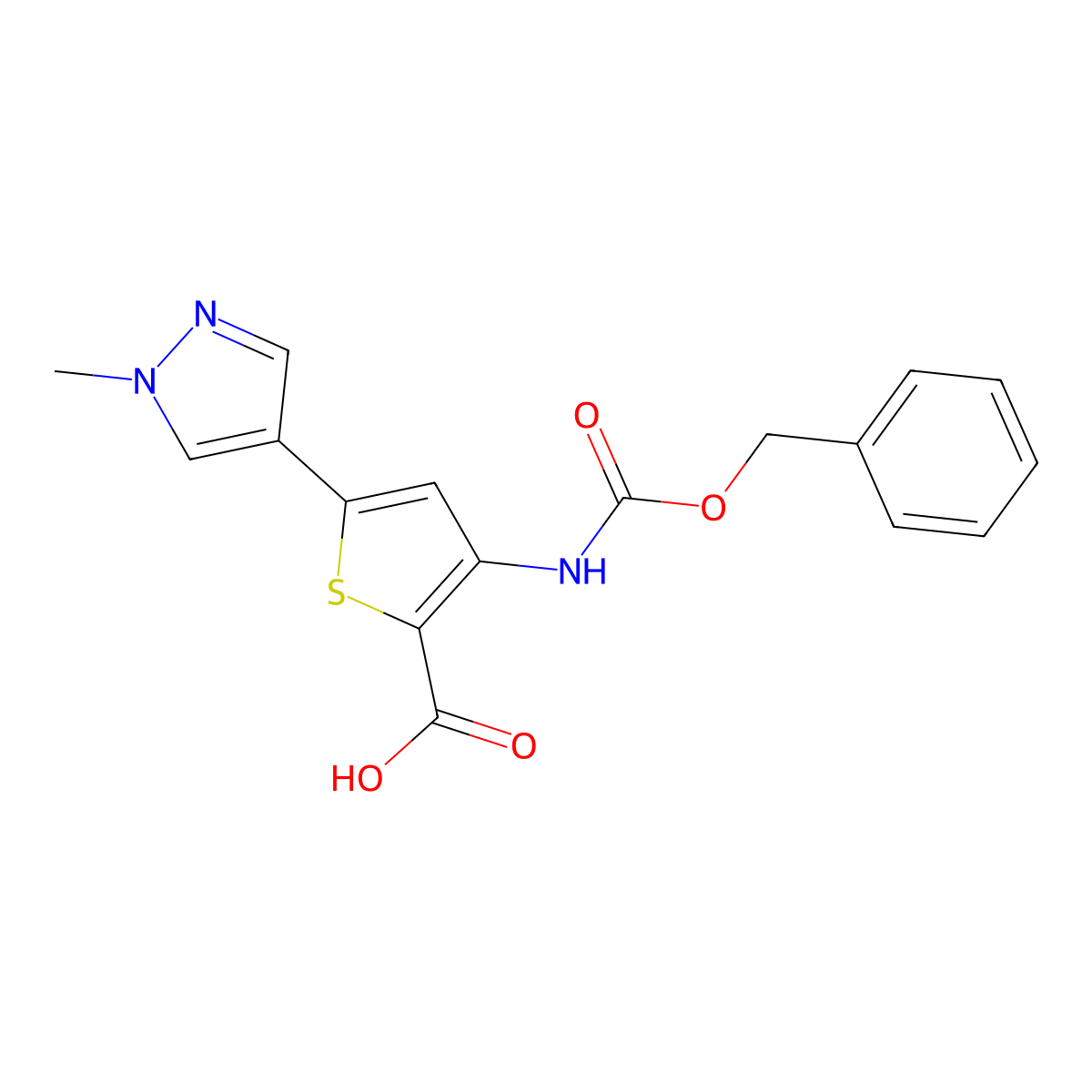 3-{[(benzyloxy)carbonyl]amino}-5-(1-methyl-1H-pyrazol-4-yl)thiophene-2-carboxylic acid molecular structure, CAS 2287283-99-0