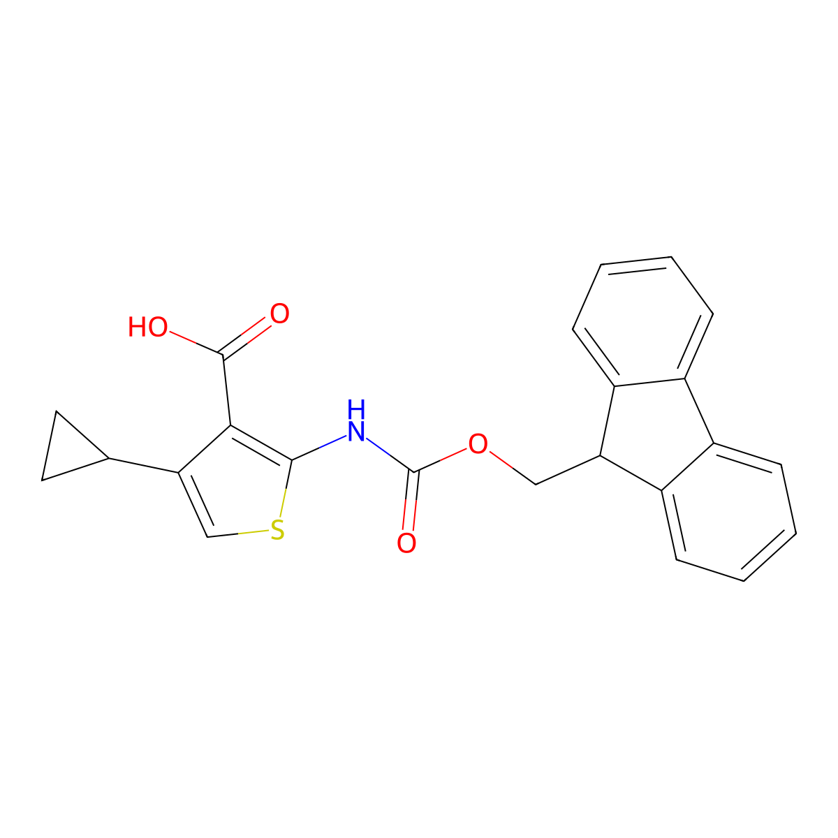4-cyclopropyl-2-({[(9H-fluoren-9-yl)methoxy]carbonyl}amino)thiophene-3-carboxylic acid molecular structure, CAS 2287284-04-0