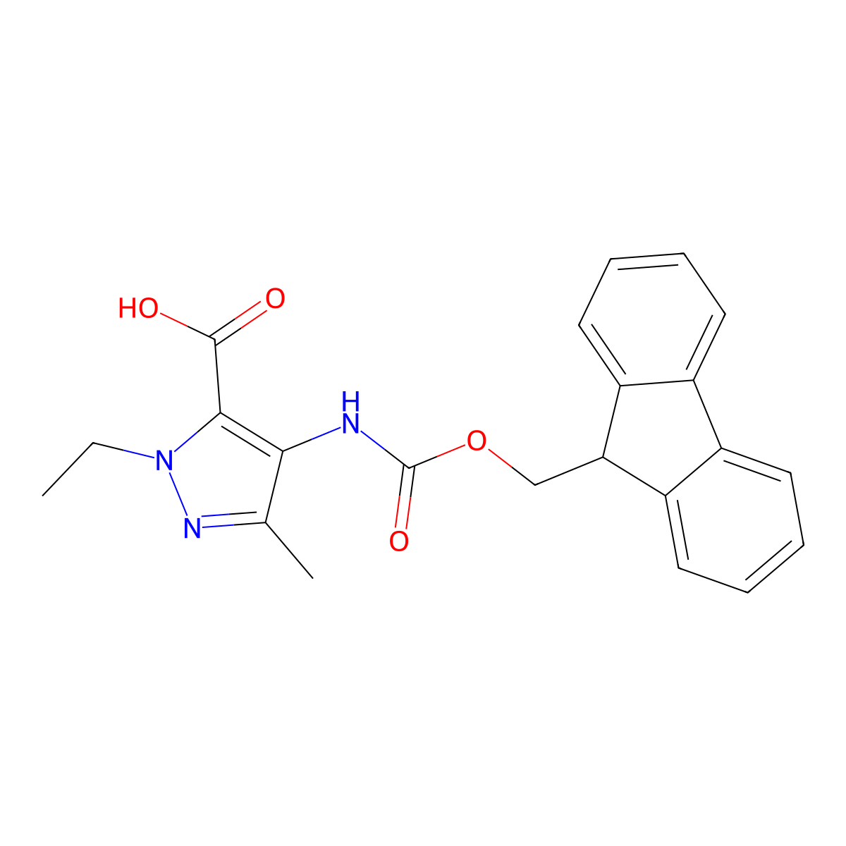 1-ethyl-4-({[(9H-fluoren-9-yl)methoxy]carbonyl}amino)-3-methyl-1H-pyrazole-5-carboxylic acid molecular structure, CAS 2287286-98-8