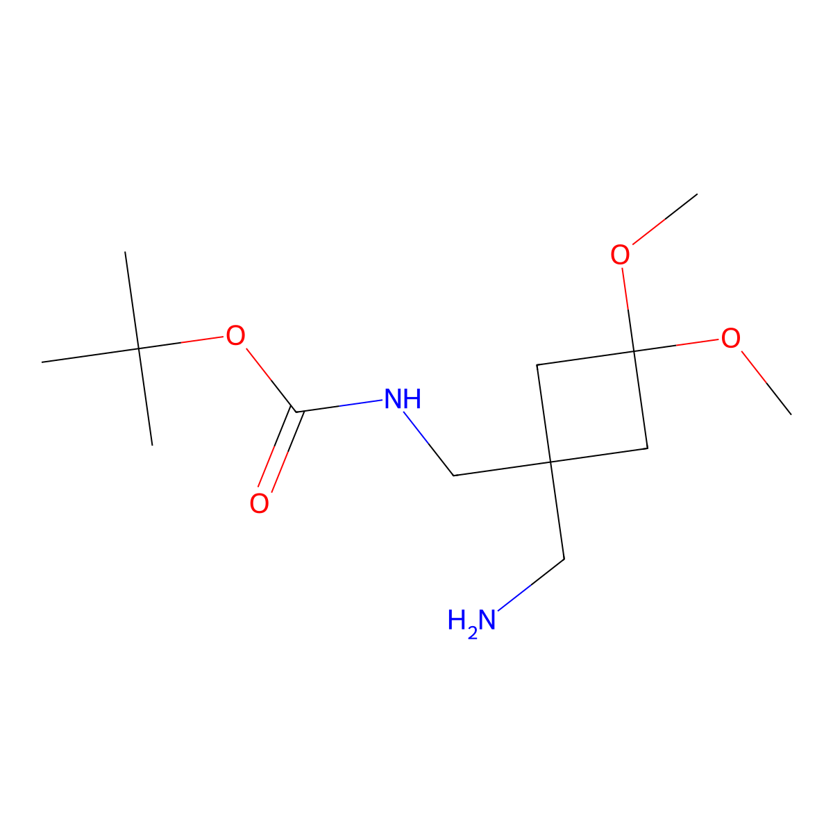 tert-butyl N-((1-(aminomethyl)-3,3-dimethoxycyclobutyl)methyl)carbamate molecular structure, CAS 2287301-76-0