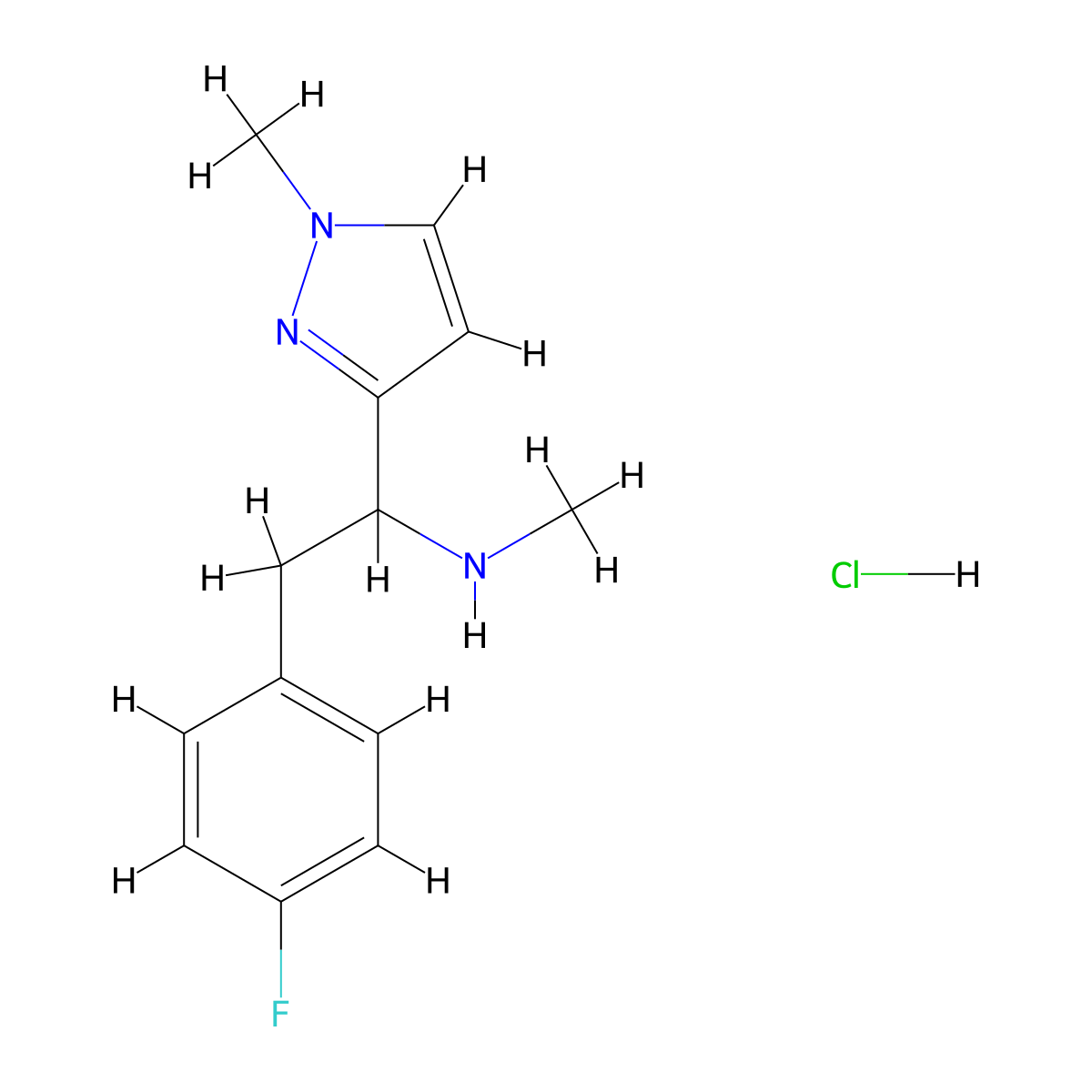 [2-(4-fluorophenyl)-1-(1-methyl-1H-pyrazol-3-yl)ethyl](methyl)amine hydrochloride molecular structure, CAS 2287312-32-5