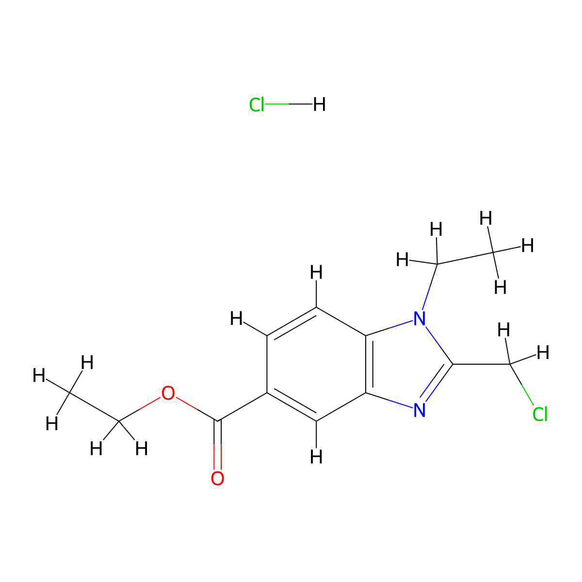 ethyl 2-(chloromethyl)-1-ethyl-1H-1,3-benzodiazole-5-carboxylate hydrochloride molecular structure, CAS 2287316-43-0
