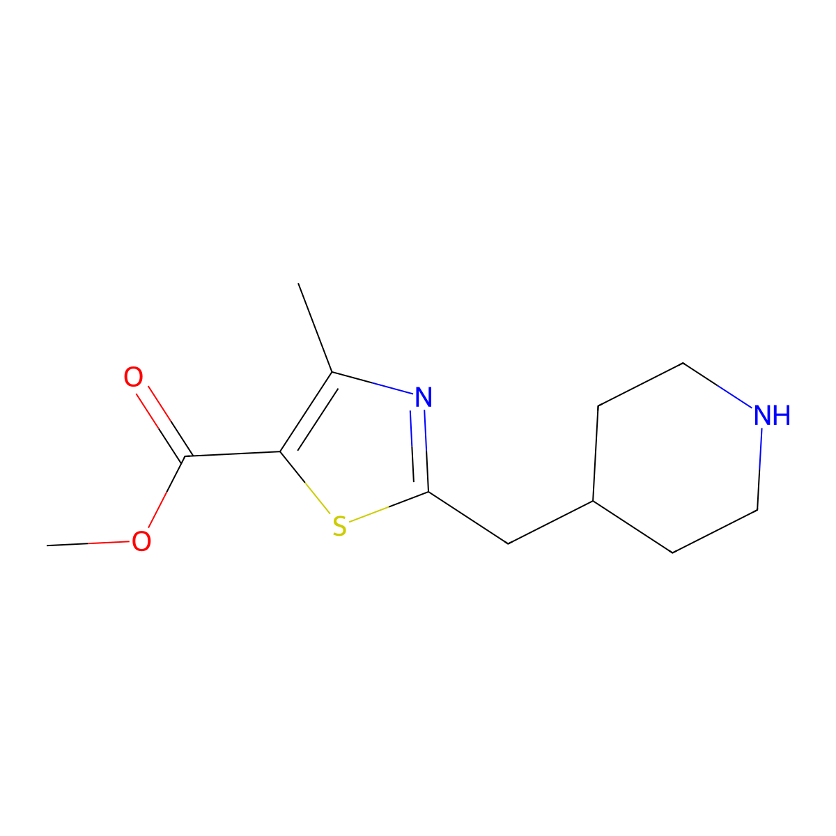 Methyl 4-methyl-2-[(piperidin-4-yl)methyl]-1,3-thiazole-5-carboxylate molecular structure, CAS 2287318-45-8