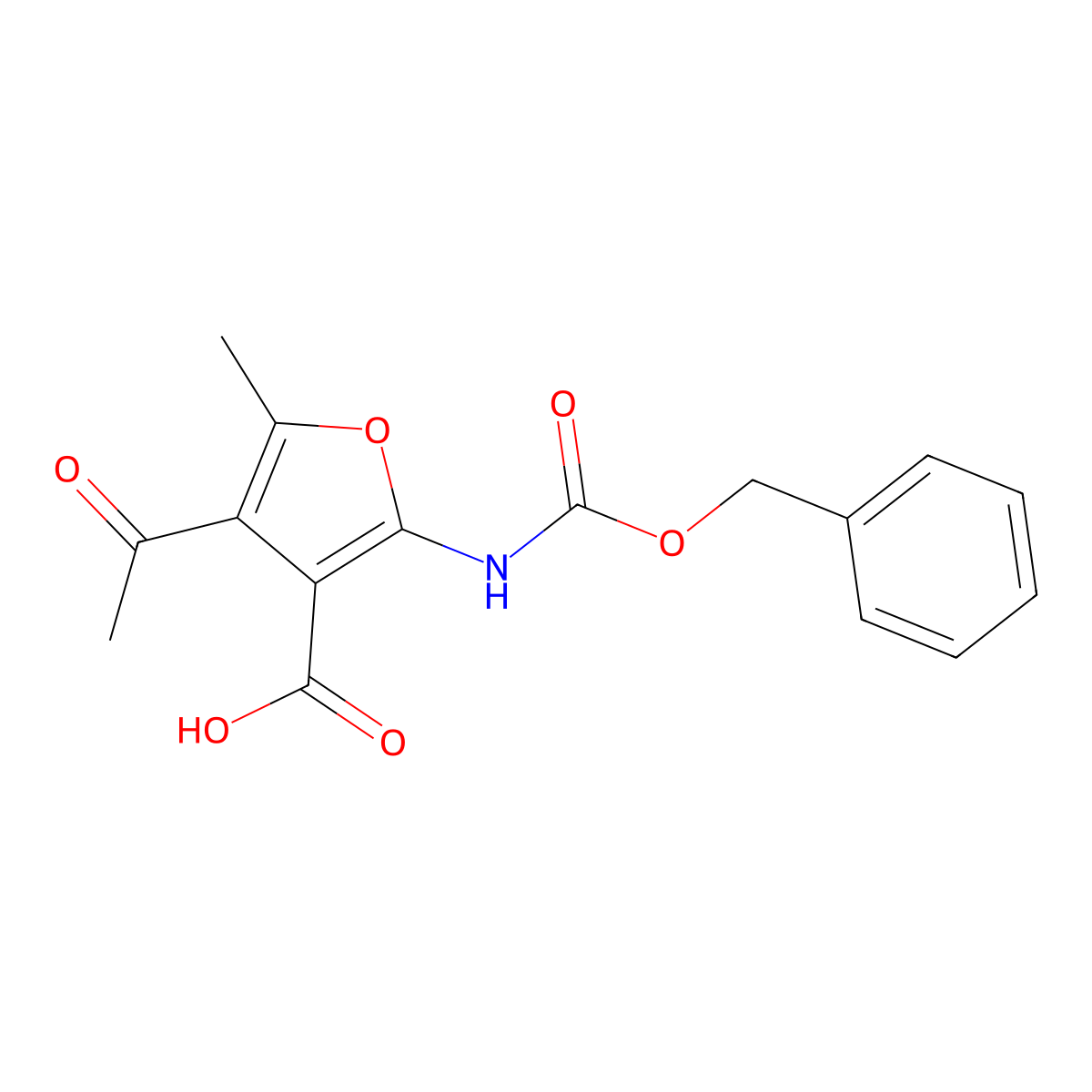 4-Acetyl-2-{[(benzyloxy)carbonyl]amino}-5-methylfuran-3-carboxylic acid molecular structure, CAS 2287318-76-5