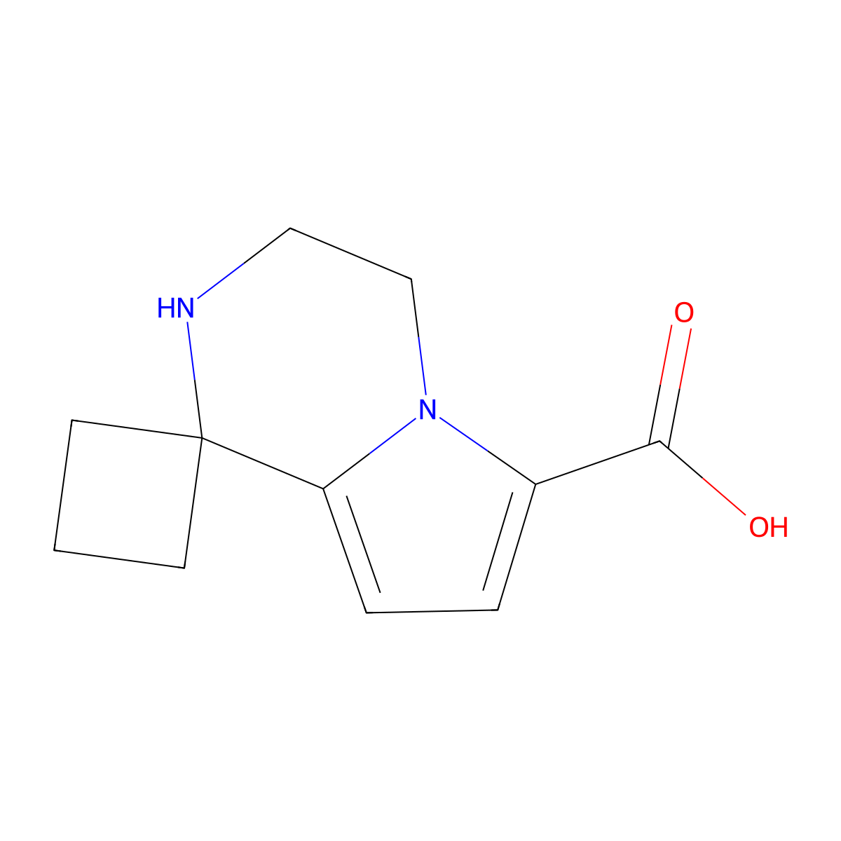 3',4'-dihydro-2'H-spiro[cyclobutane-1,1'-pyrrolo[1,2-a]pyrazine]-6'-carboxylic acid molecular structure, CAS 2287321-36-0