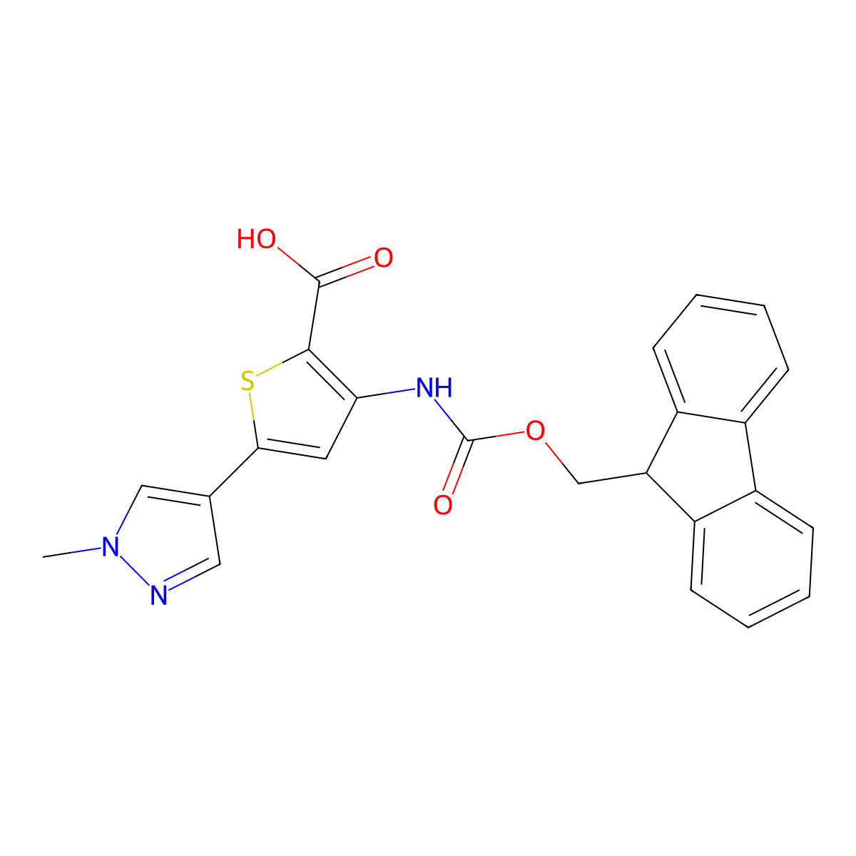 3-({[(9H-fluoren-9-yl)methoxy]carbonyl}amino)-5-(1-methyl-1H-pyrazol-4-yl)thiophene-2-carboxylic acid molecular structure, CAS 2287332-64-1
