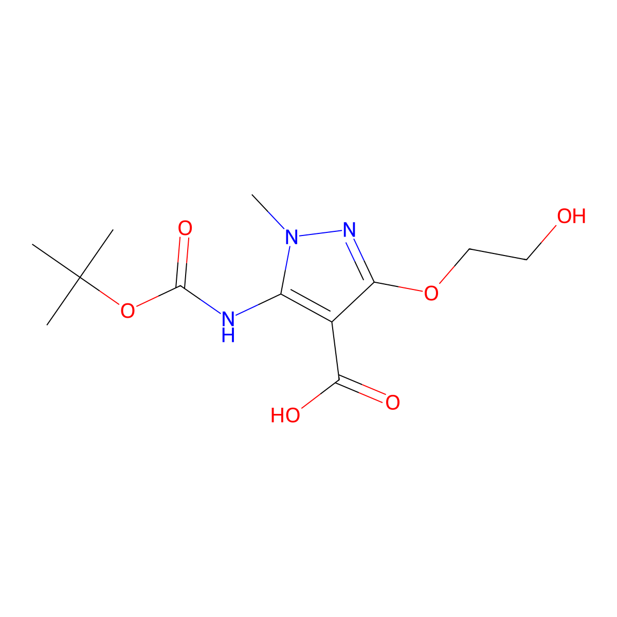 5-{[(tert-butoxy)carbonyl]amino}-3-(2-hydroxyethoxy)-1-methyl-1H-pyrazole-4-carboxylic acid molecular structure, CAS 2287335-54-8