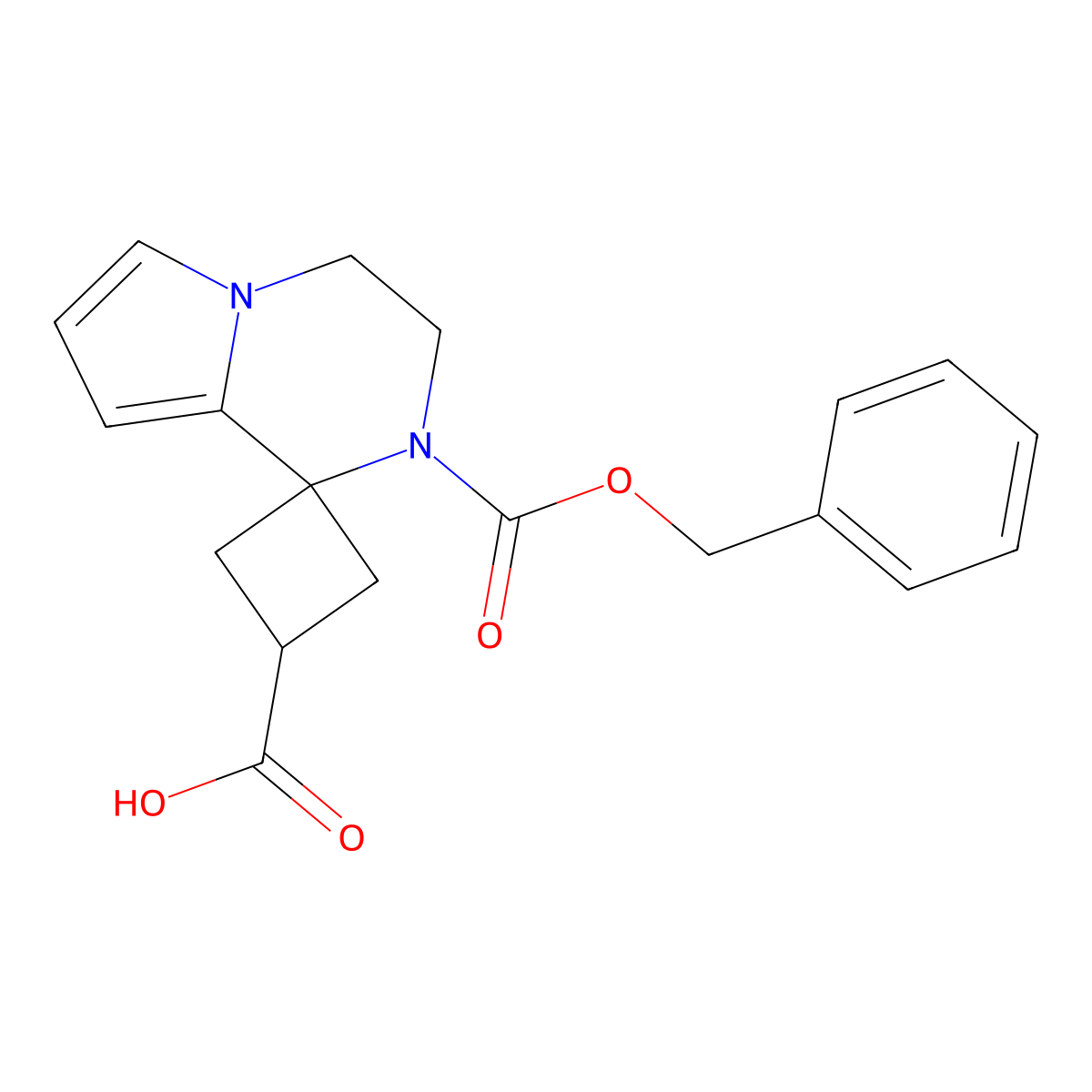 2'-[(benzyloxy)carbonyl]-3',4'-dihydro-2'H-spiro[cyclobutane-1,1'-pyrrolo[1,2-a]pyrazine]-3-carboxylic acid molecular structure, CAS 2287340-57-0