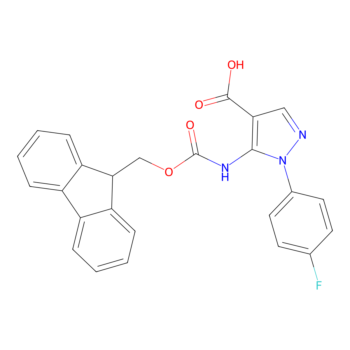 5-({[(9H-fluoren-9-yl)methoxy]carbonyl}amino)-1-(4-fluorophenyl)-1H-pyrazole-4-carboxylic acid molecular structure, CAS 2287340-63-8