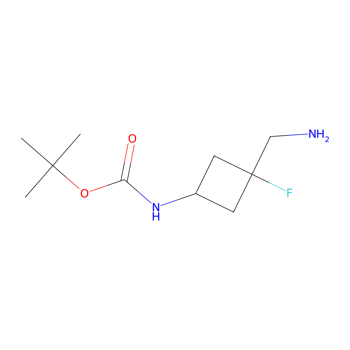 rac-tert-butyl N-[(1s,3s)-3-(aminomethyl)-3-fluorocyclobutyl]carbamate molecular structure, CAS 2287340-89-8