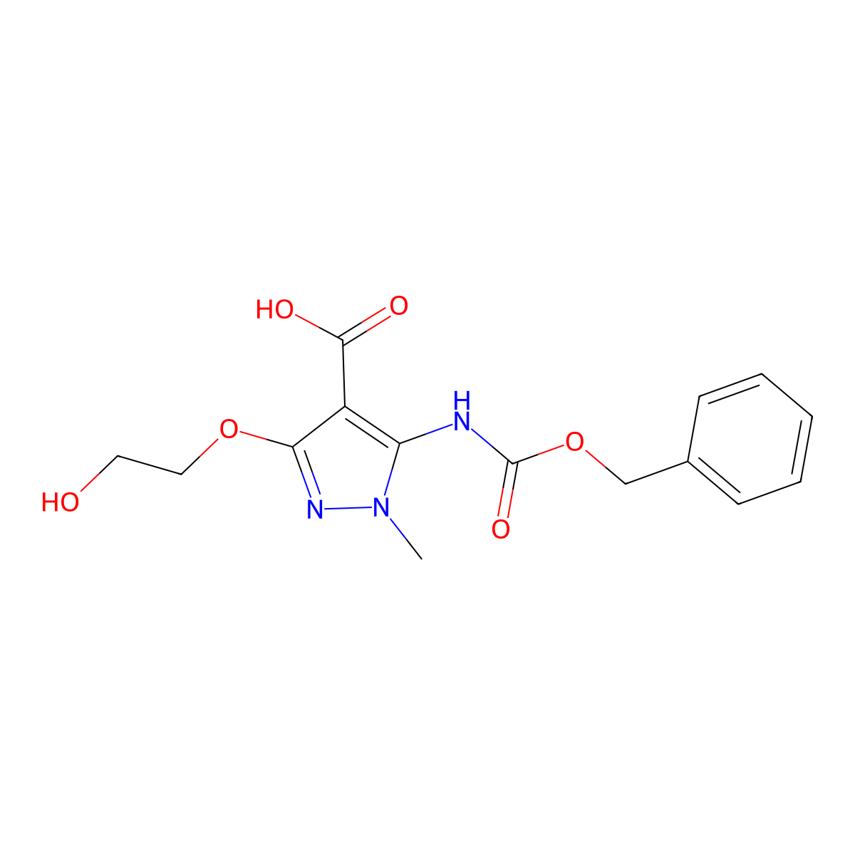 5-{[(benzyloxy)carbonyl]amino}-3-(2-hydroxyethoxy)-1-methyl-1H-pyrazole-4-carboxylic acid molecular structure, CAS 2287345-04-2