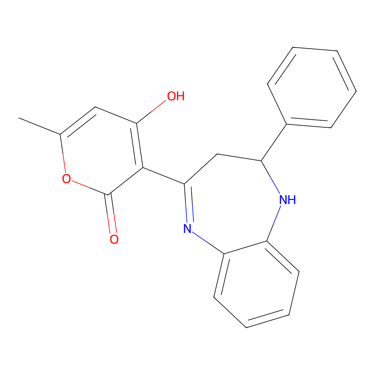 4-hydroxy-6-methyl-3-(2-phenyl-2,3-dihydro-1H-1,5-benzodiazepin-4-yl)-2H-pyran-2-one molecular structure, CAS 228864-87-7
