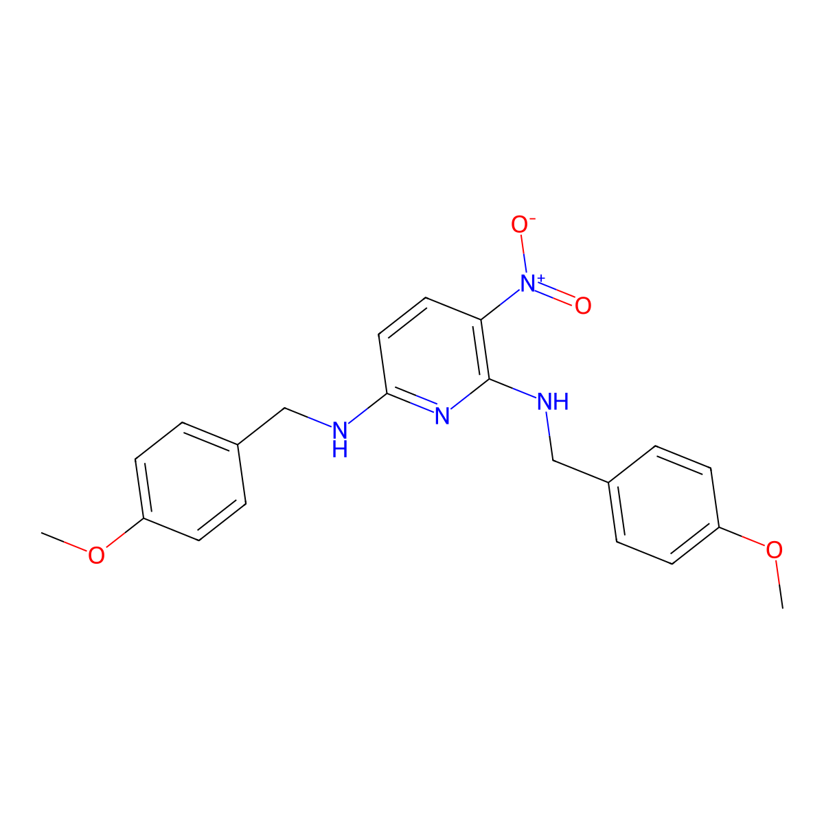 2-N,6-N-Bis[(4-methoxyphenyl)methyl]-3-nitropyridine-2,6-diamine molecular structure, CAS 2288709-14-6