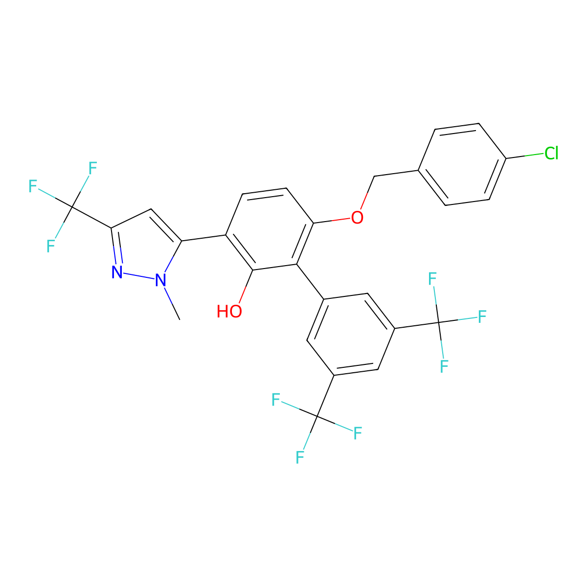 6-((4-chlorobenzyl)oxy)-3-(1-methyl-3-(trifluoromethyl)-1H-pyrazol-5-yl)-3',5'-bis(trifluoromethyl)-[1,1'-biphenyl]-2-ol molecular structure, CAS 2289690-31-7