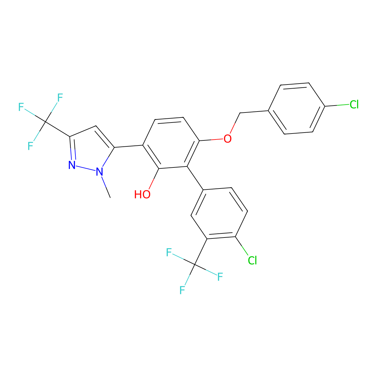 4'-chloro-6-((4-chlorobenzyl)oxy)-3-(1-methyl-3-(trifluoromethyl)-1H-pyrazol-5-yl)-3'-(trifluoromethyl)-[1,1'-biphenyl]-2-ol molecular structure, CAS 2289691-01-4