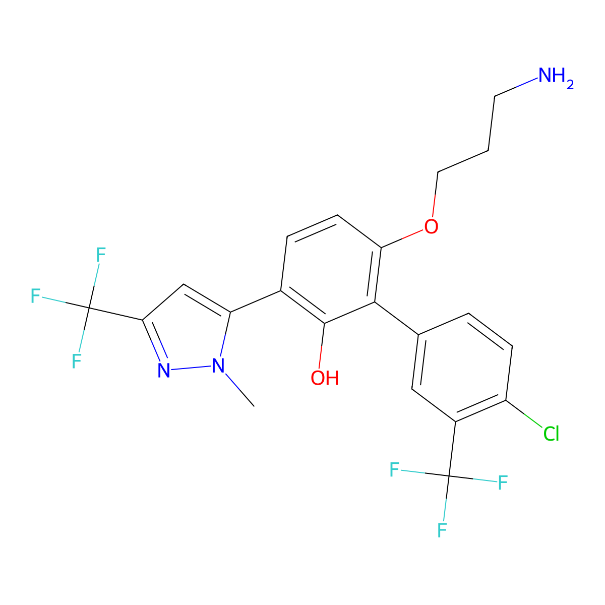3-(3-Aminopropoxy)-2-[4-chloro-3-(trifluoromethyl)phenyl]-6-[2-methyl-5-(trifluoromethyl)pyrazol-3-yl]phenol molecular structure, CAS 2289691-70-7