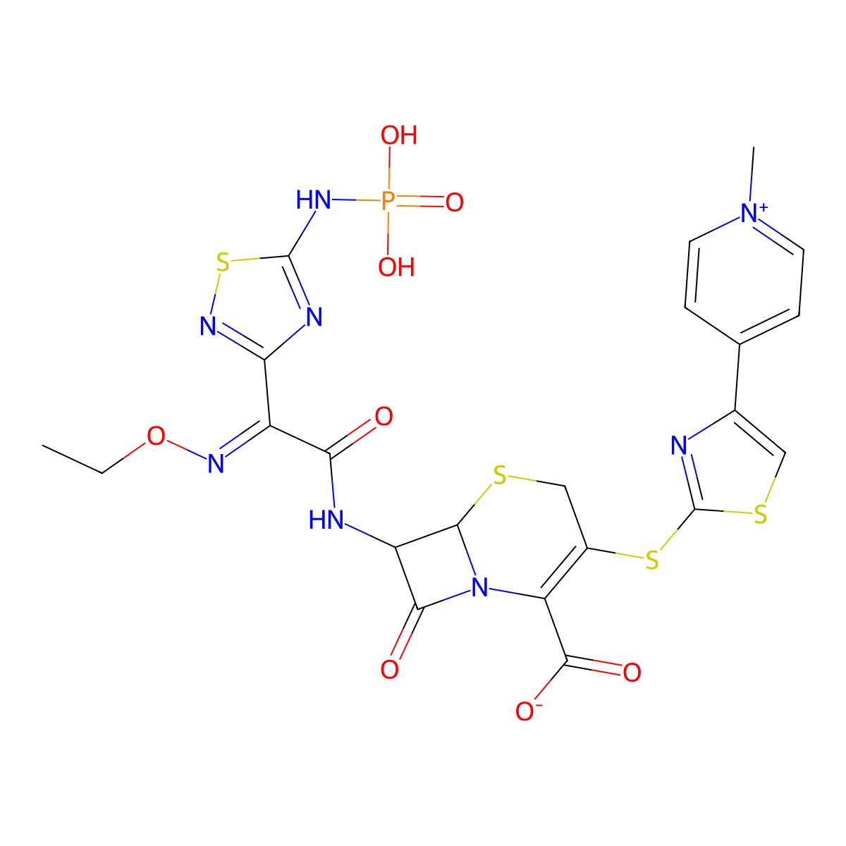 Pyridinium, 4-(2-(((6R,7R)-2-carboxy-7-(((2Z)-2-(ethoxyimino)-2-(5-(phosphonoamino)-1,2,4-thiadiazol-3-yl)acetyl)amino)-8-oxo-5-thia-1-azabicyclo(4.2.0)oct-2-en-3-yl)thio)-4-thiazolyl)-1-methyl-, inner salt molecular structure, CAS 229016-73-3