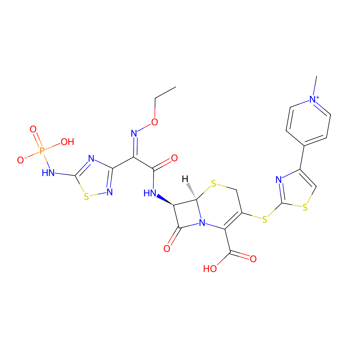 Pyridinium, 4-(2-(((6R,7R)-2-carboxy-7-(((2Z)-2-(ethoxyimino)-2-(5-(phosphonoamino)-1,2,4-thiadiazol-3-yl)acetyl)amino)-8-oxo-5-thia-1-azabicyclo(4.2.0)oct-2-en-3-yl)thio)-4-thiazolyl)-1-methyl-, inner salt molecular structure, CAS 229016-73-3