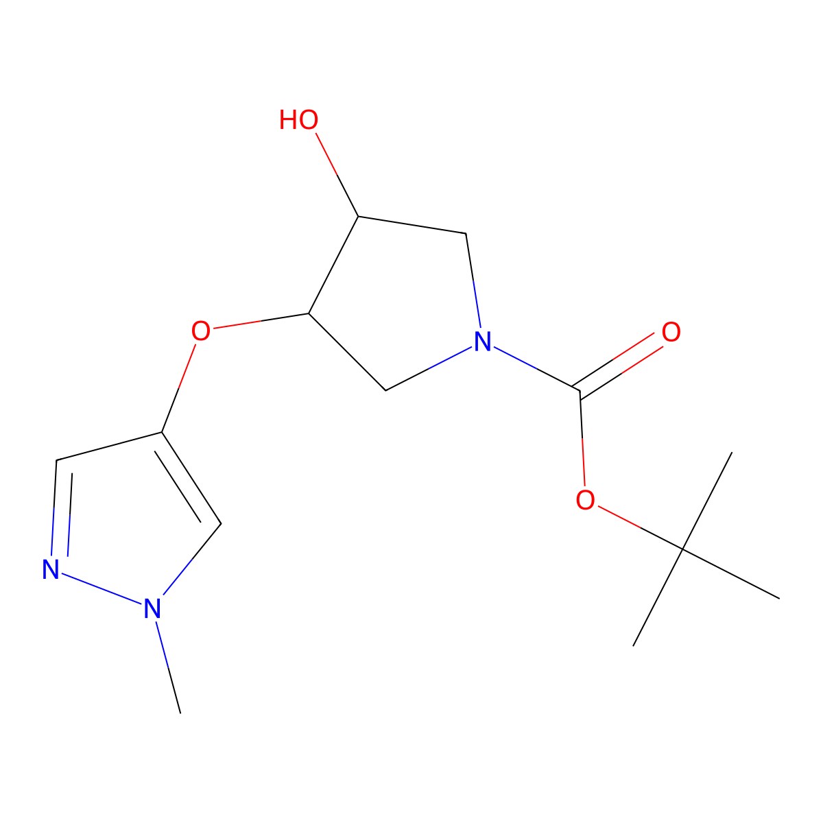 rac-tert-butyl (3R,4R)-3-hydroxy-4-[(1-methyl-1H-pyrazol-4-yl)oxy]pyrrolidine-1-carboxylate molecular structure, CAS 2290722-20-0
