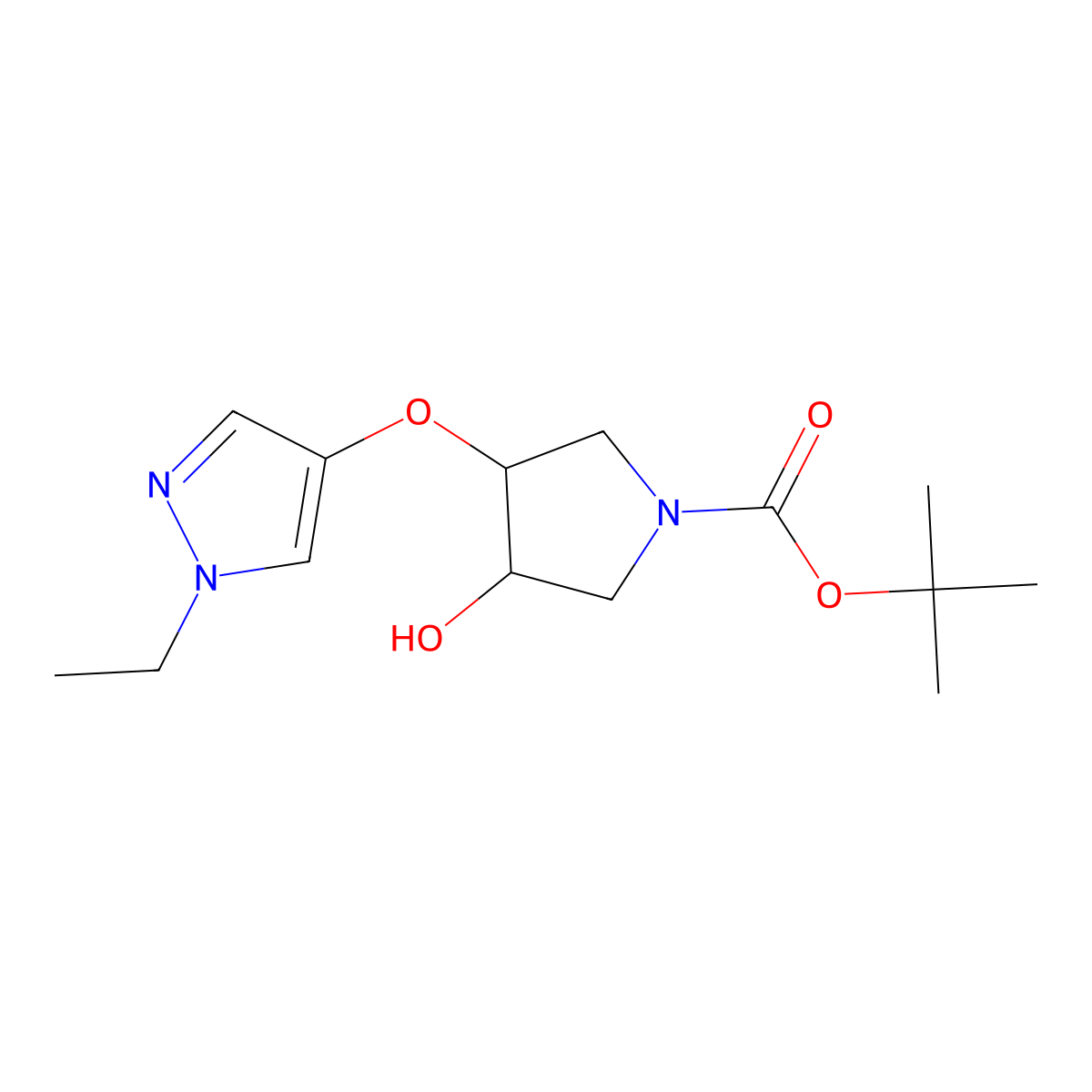 rac-tert-butyl (3R,4R)-3-[(1-ethyl-1H-pyrazol-4-yl)oxy]-4-hydroxypyrrolidine-1-carboxylate molecular structure, CAS 2290996-29-9