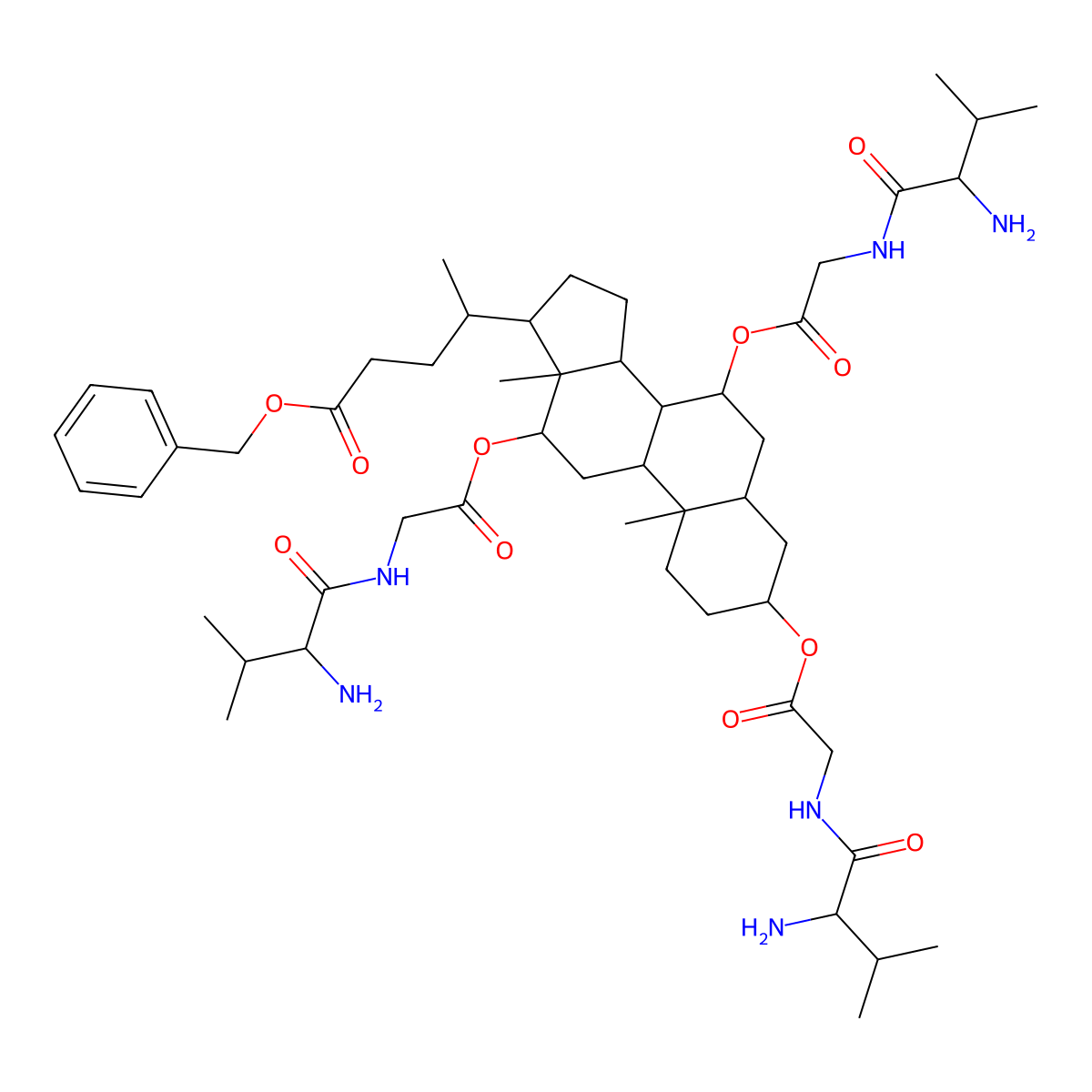 (3R,5S,7R,8R,9S,10S,12S,13R,14S,17R)-17-((R)-5-(benzyloxy)-5-oxopentan-2-yl)-10,13-dimethylhexadecahydro-1H-cyclopenta[a]phenanthrene-3,7,12-triyl tris(2-((S)-2-amino-3-methylbutanamido)acetate) molecular structure, CAS 2292123-03-4