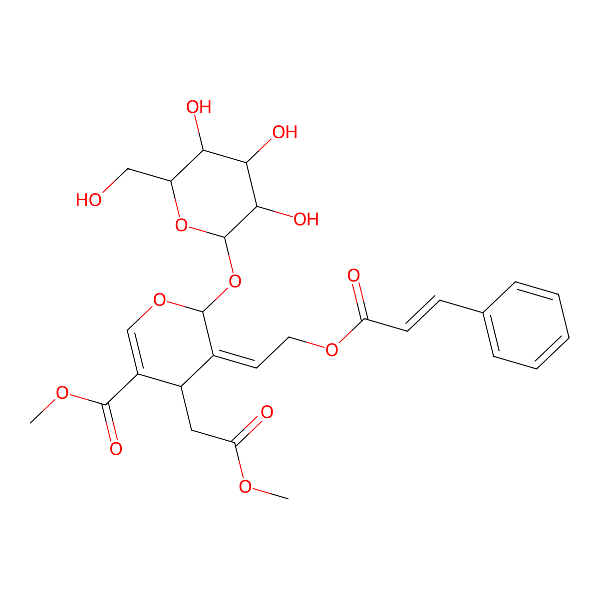 Methyl (2S,3E,4S)-2-(beta-D-glucopyranosyloxy)-4-(2-methoxy-2-oxoethyl)-3-(2-(((2Z)-3-phenyl-2-propenoyl)oxy)ethylidene)-3,4-dihydro-2H-pyran-5-carboxylate molecular structure, CAS 229467-41-8