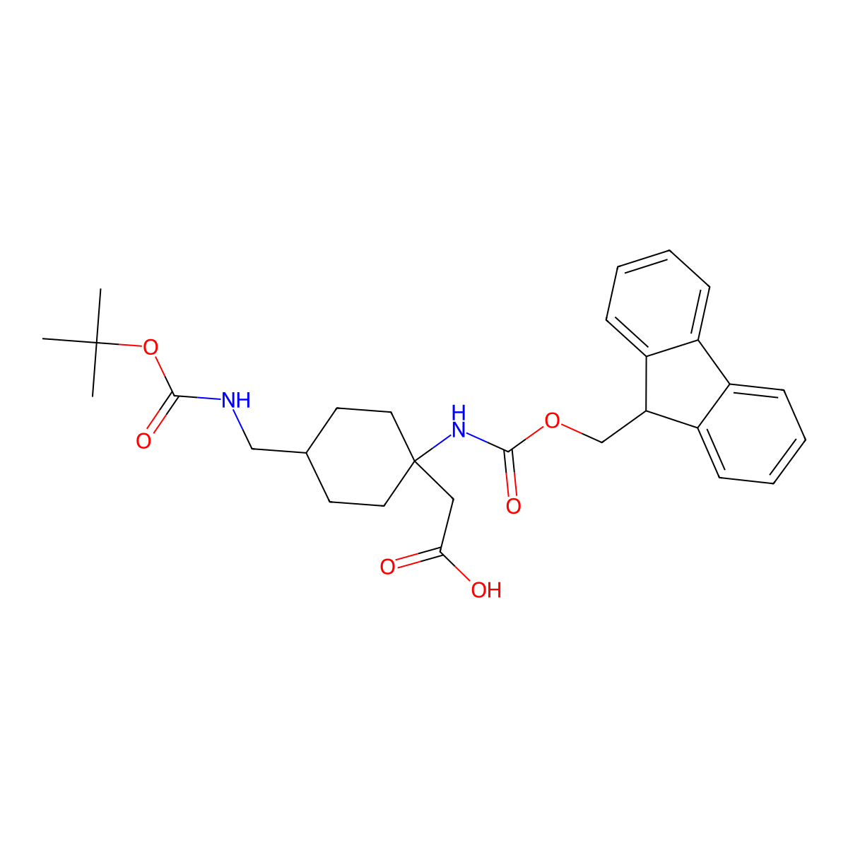 2-[4-({[(tert-butoxy)carbonyl]amino}methyl)-1-({[(9H-fluoren-9-yl)methoxy]carbonyl}amino)cyclohexyl]acetic acid molecular structure, CAS 2295389-83-0