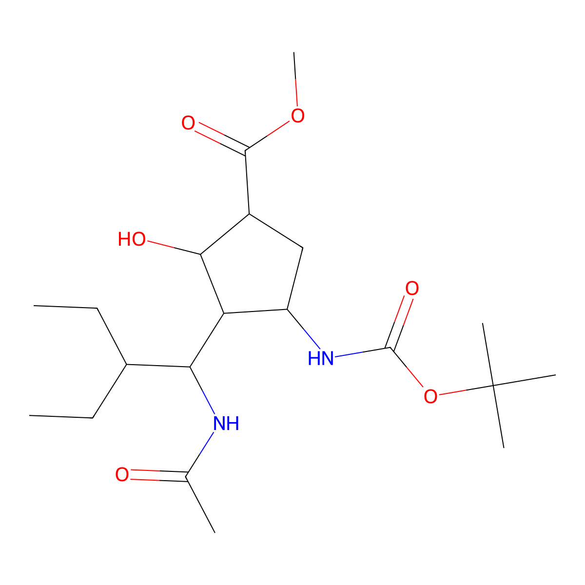 (1R,2R,3S,4S)-Methyl 3-((S)-1-acetamido-2-ethylbutyl)-4-((tert-butoxycarbonyl)amino)-2-hydroxycyclopentanecarboxylate(relative) molecular structure, CAS 229614-10-2