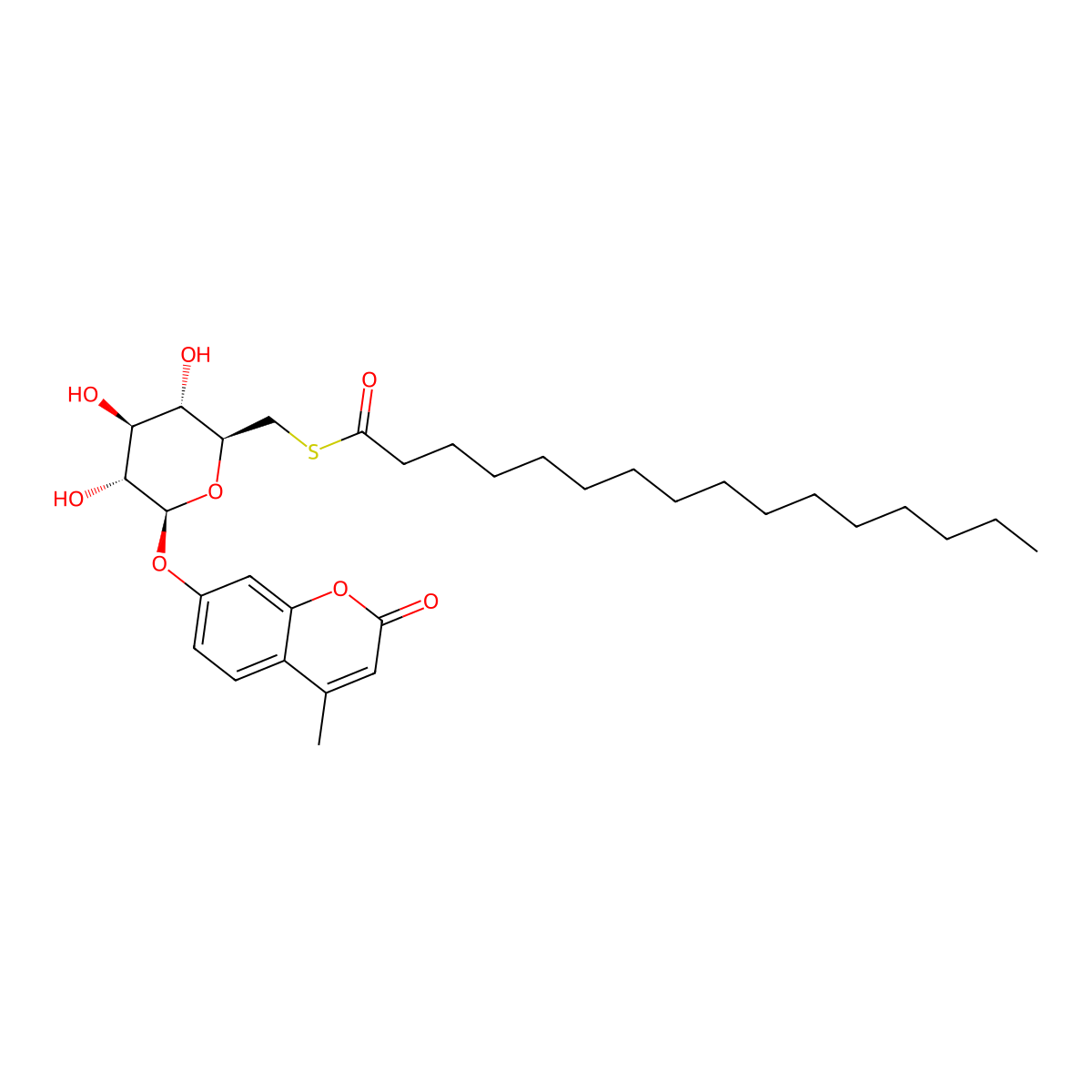 S-[[(2S,3S,4S,5R,6S)-3,4,5-trihydroxy-6-(4-methyl-2-oxochromen-7-yl)oxyoxan-2-yl]methyl] hexadecanethioate molecular structure, CAS 229644-17-1